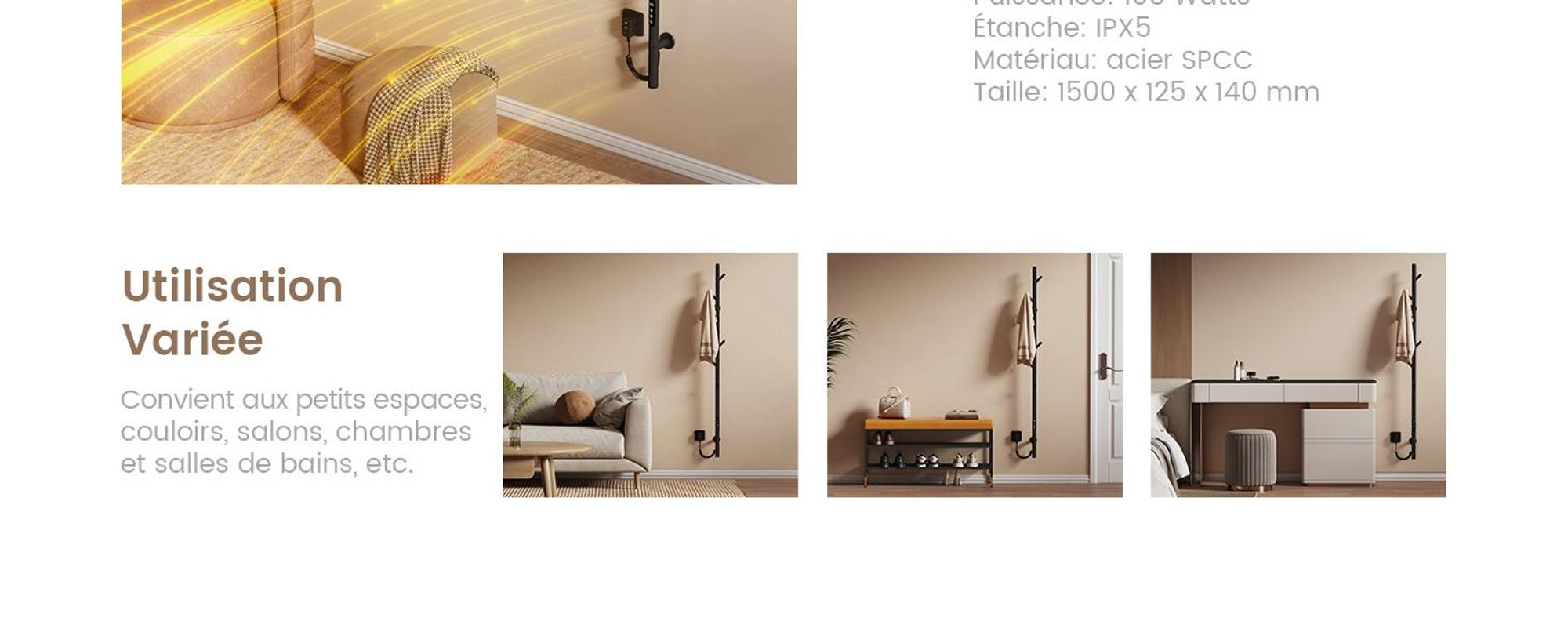 EMKE Sèche-serviettes électrique 100W Noir Mat, Design Arbre avec Écran LCD, Thermostat Intelligent WiFi & App, Minuterie, Chauffe-serviettes 150 cm