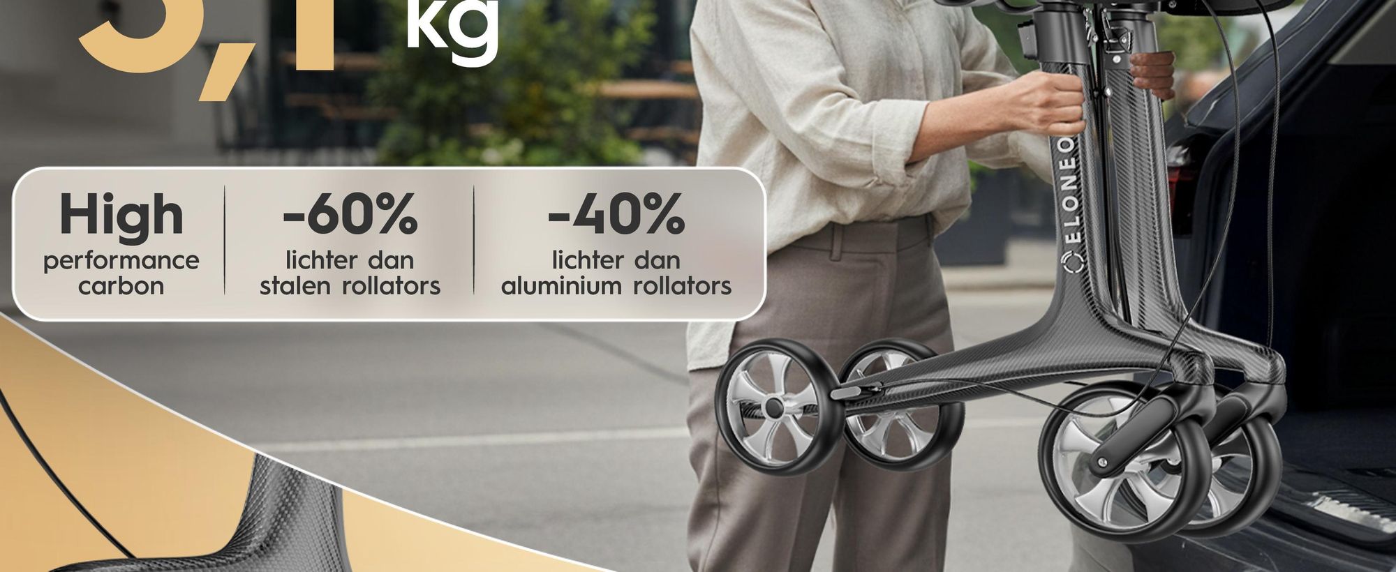 ELONEO Carbon rolstoel, inklapbaar en lichtgewicht, met zitplaats, lichtgewicht reiskruk, ultralicht, grijs - maat M