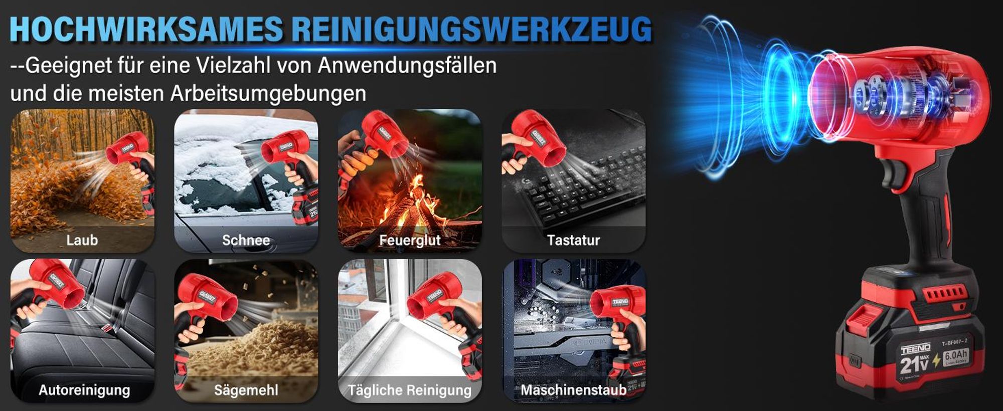 TEENO - Kabelloser Laubbläser 21V – 3 Geschwindigkeiten Max 35000 U/Min, Leicht, Kompakt, 3 Düsen Enthalten, 2x6,0Ah Akkus - Ladegerät