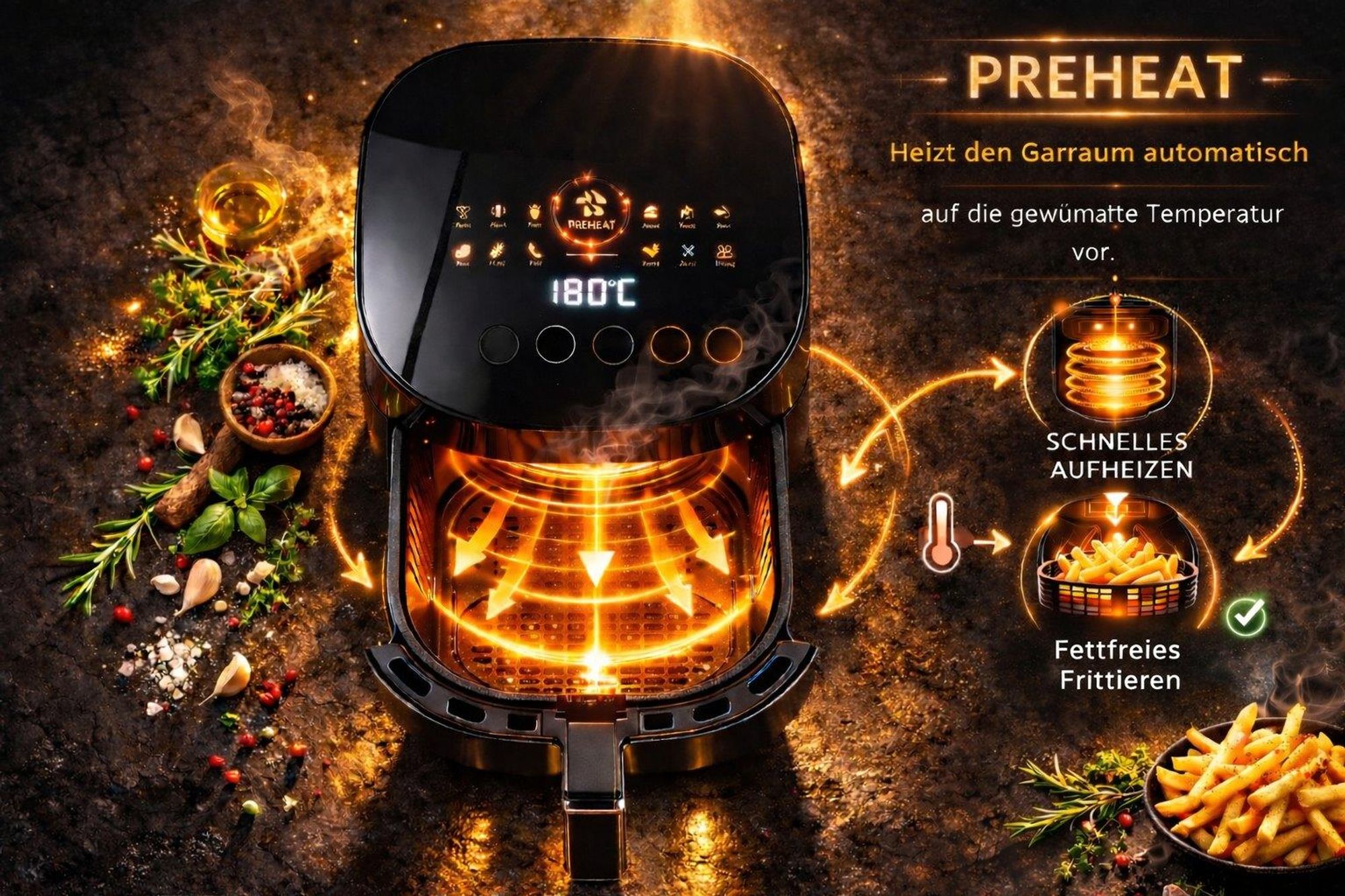 Fettfreie Fritteuse 2000W 2 Heizungen 6L Heissluftfritteuse Trocknungsfunktion Kalorik Sichtfenster Air Fryer