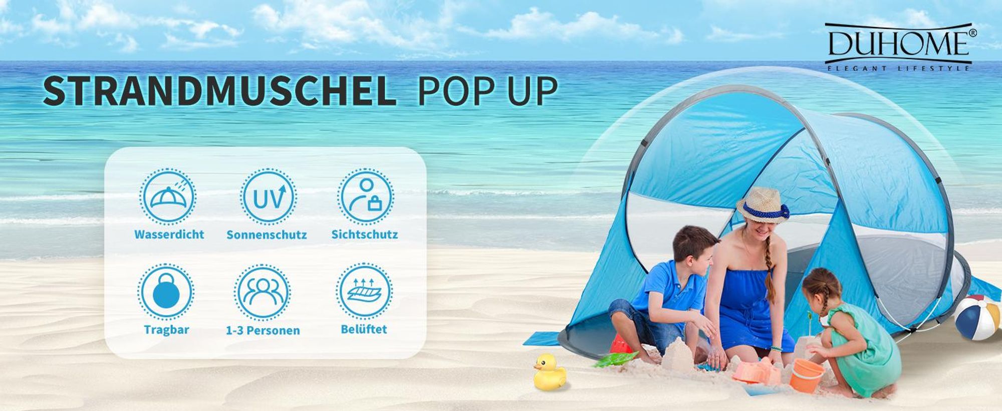 Duhome Strandmuschel Pop Up Strandzelt Wetter- und Sichtschutz Wurfzelt Tragbar UV40+ Pavillon 3 Personen für Camping Picknick, Hellblau