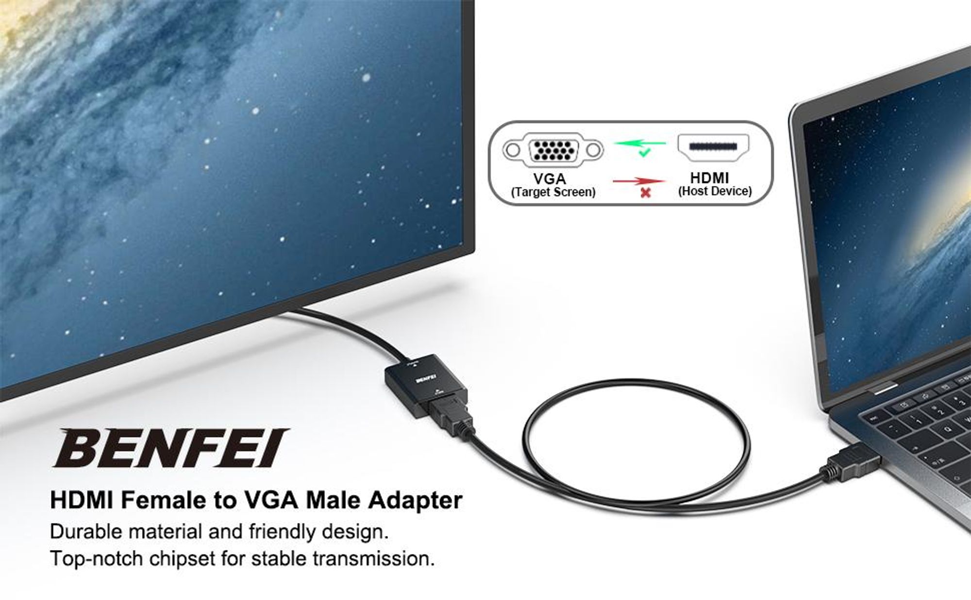 BENFEI Kabeladapter HDMI auf VGA Adapter mit 3.5mm Audio Ausgang