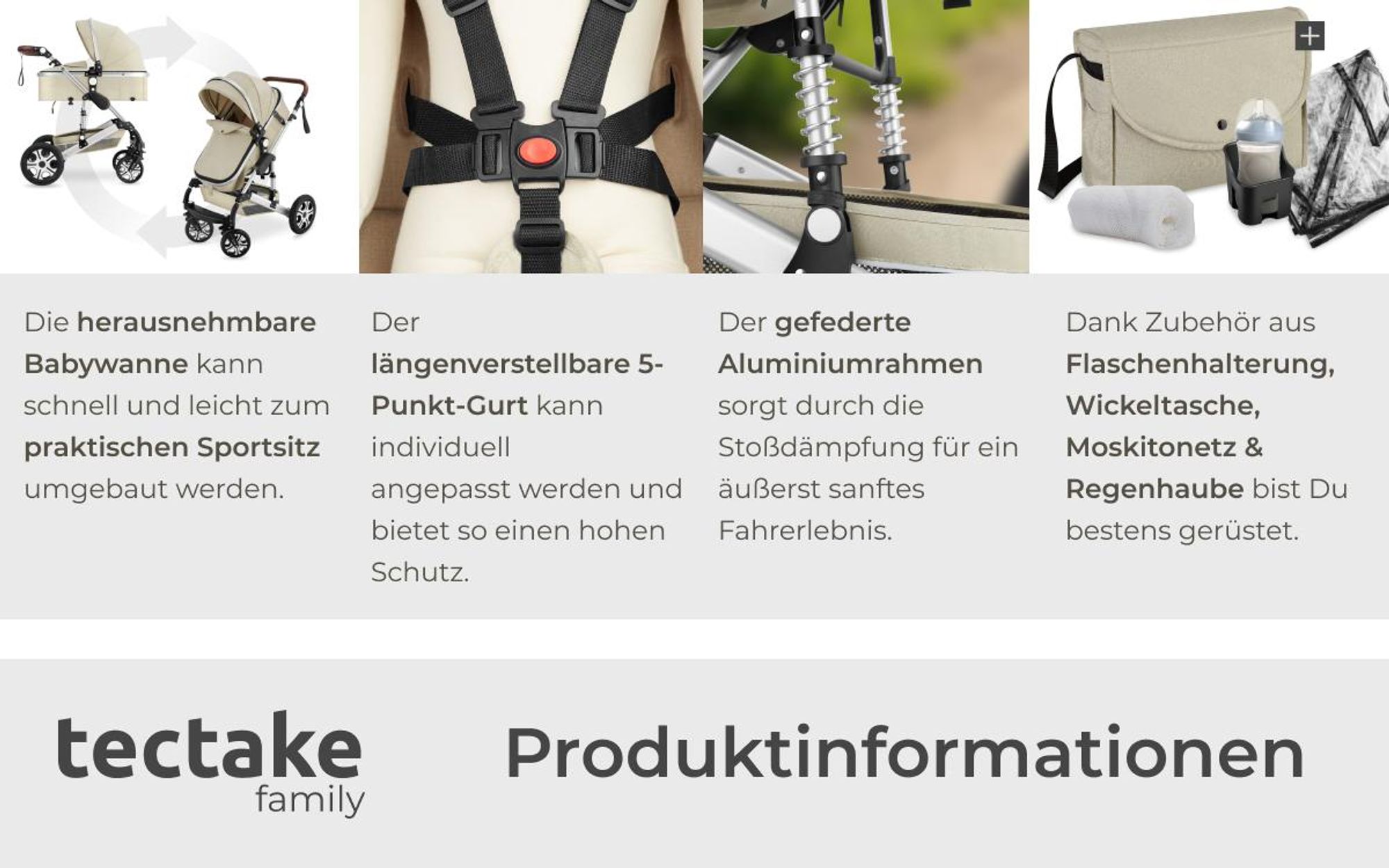 tectake® Kombi-Kinderwagen Mats 2 in 1, klappbar, mit 5-Punkt-Gurt, Bremse, Schutzbügel und Handschlaufe für 0 bis 36 Monate geeignet, Belastbarkeit 15 kg