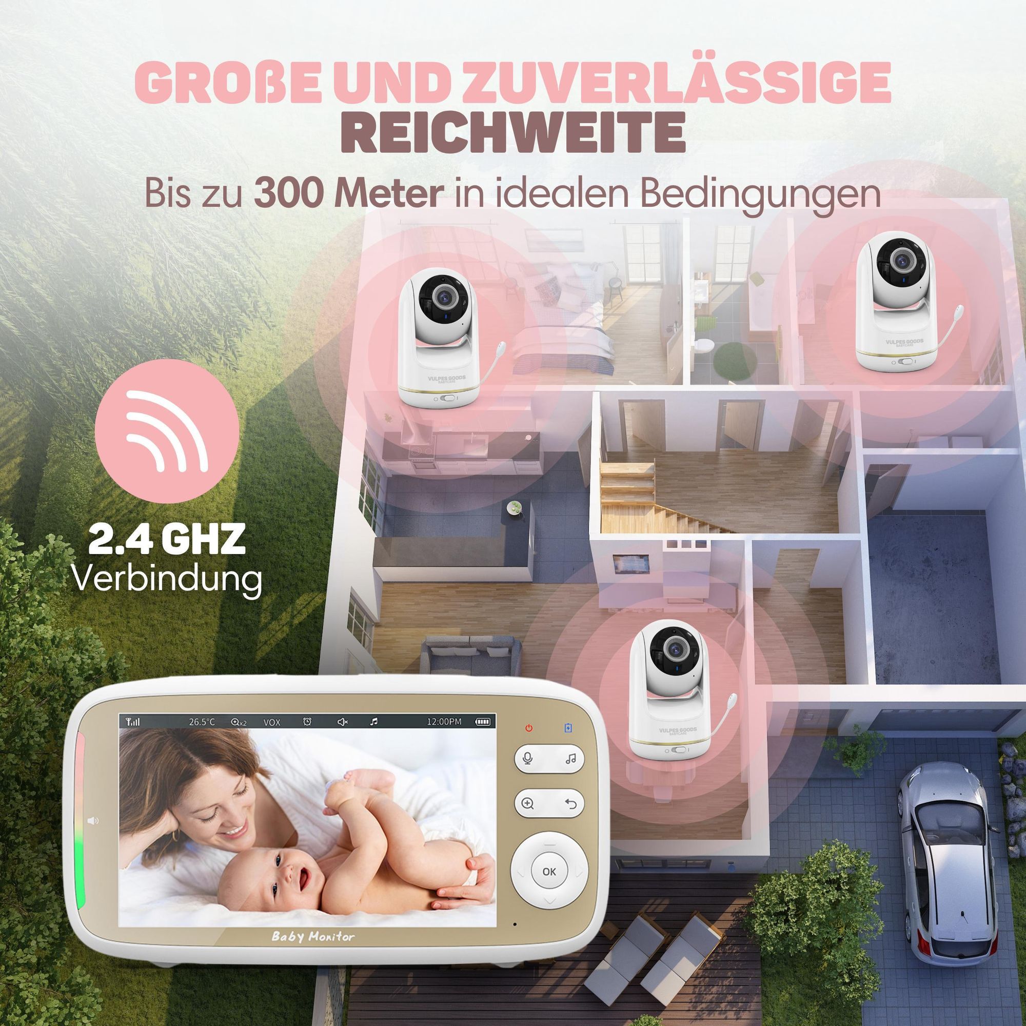 Vulpes Goods Babyphone mit Kamera, Babyphone mit Geräuscherkennung, 5" FULL HD Bildschirm, Ferngesteuert, Infrarot-Nachtsichtkamera