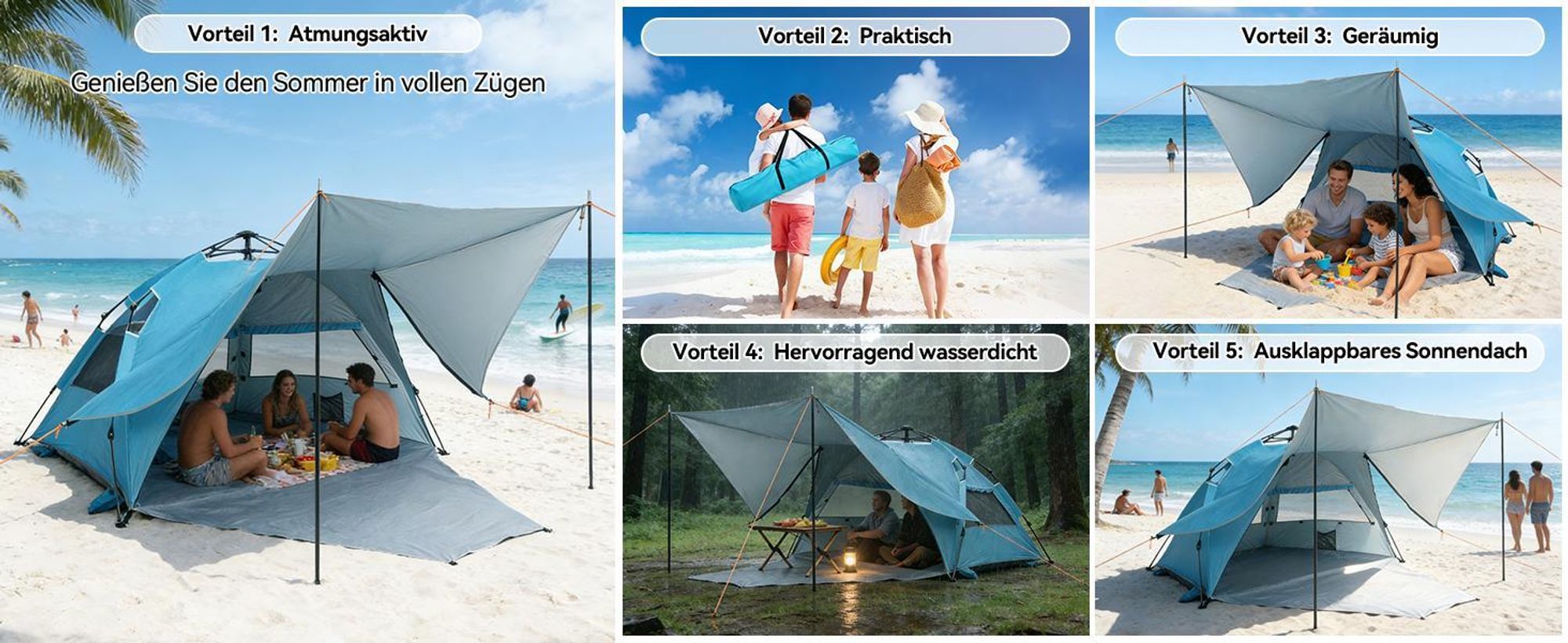 Puluomis Strandmuscheln Strandzelt mit Sonnensegel  Pop-up-Zelt mit UV-Schutz 50+, Sekundenzelt Blau, 135 x 150 x 250 cm
