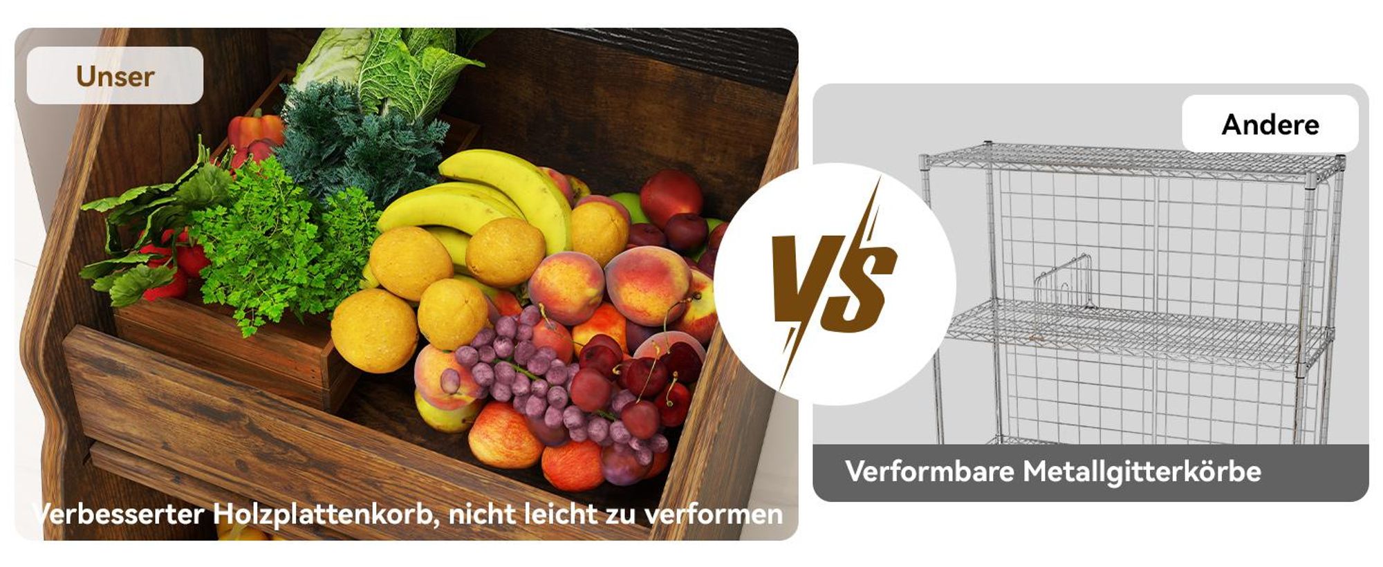 Puluomis Küchenregal Gemüsebehälter mit Rollen, Gemüsebox mit Belüftung und Brotfach, Aufbewahrung von Gemüse und Obst, Kartoffelbox schwarz braun
