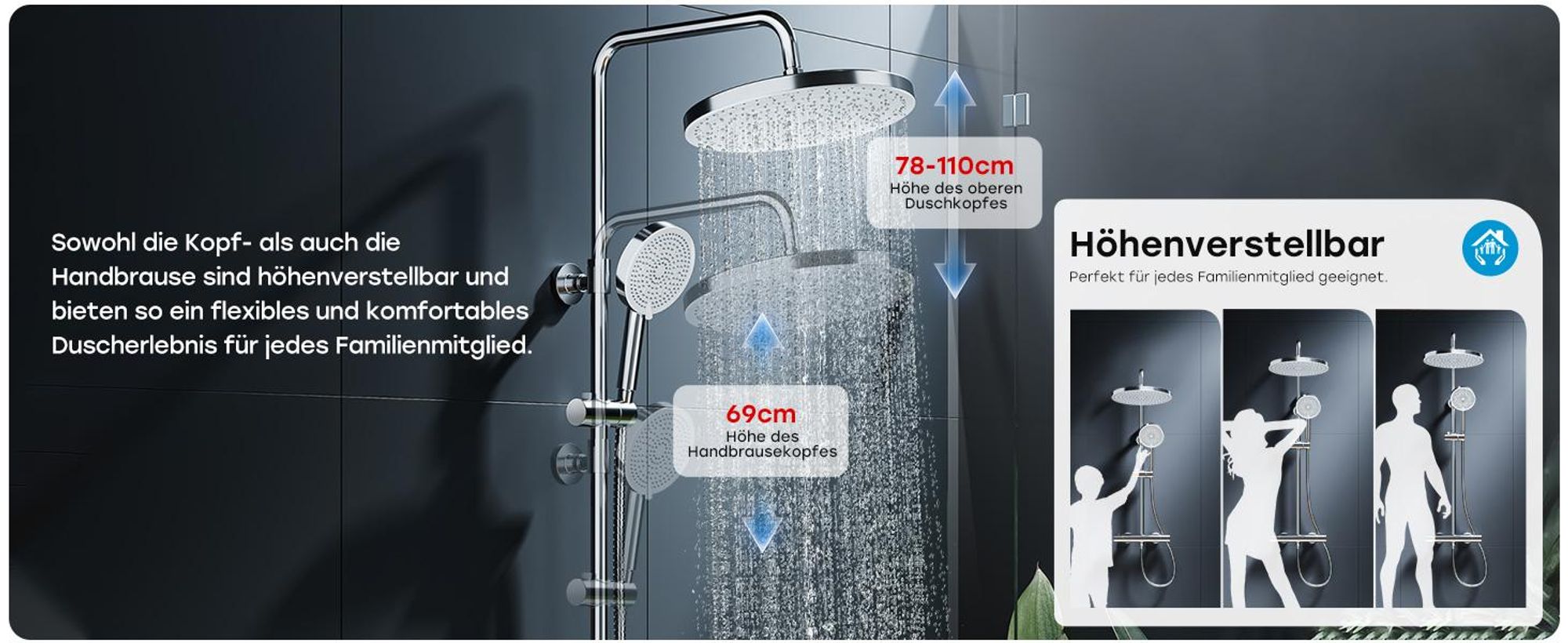 HOROW Duschsystem mit Thermostat, 5 Modi Strahlarten, große Regendusche Set Chrom, Duschsetit Thermostat, Höhenverstellbar, 30 cm Großem Kopfbrause