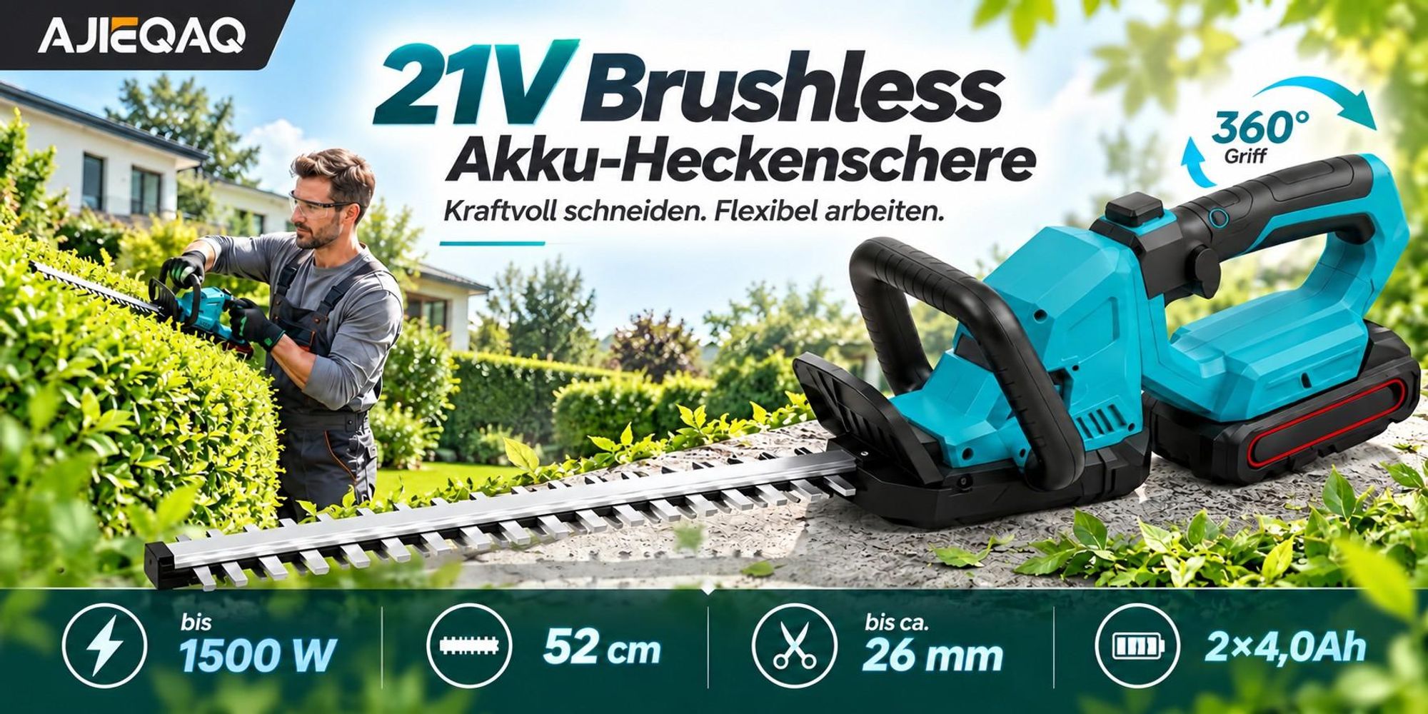 1500W Akku-Heckenschere 21V Brushless, 52 cm Messer, 2×4,0Ah Akkus, 360° Drehgriff, bis 26 mm Schnittstärke