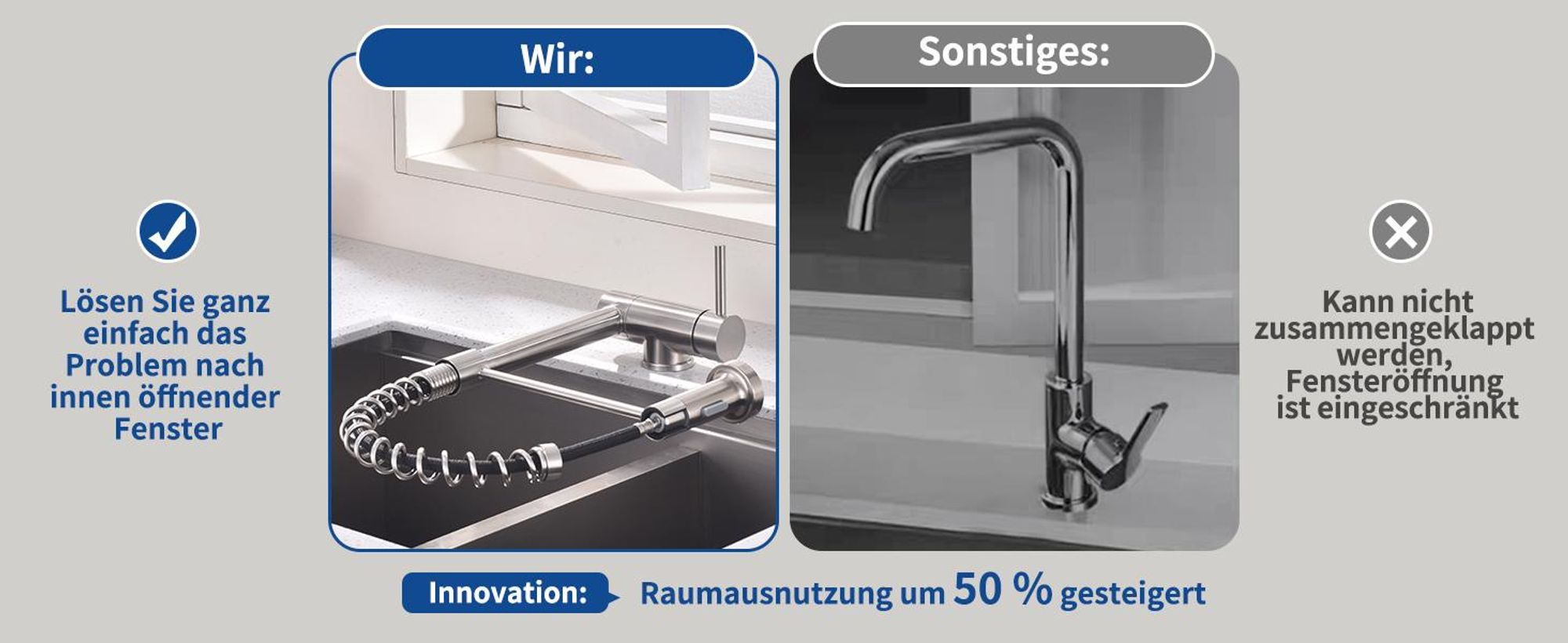 Homelody Vorfenster Küchenarmatur 90° Faltbar 360° Drehbare Hochdruck Edelstahl 304 Wasserhahn Küche mit Brause Ausziehbar 2 Strahlarten Gebürstet