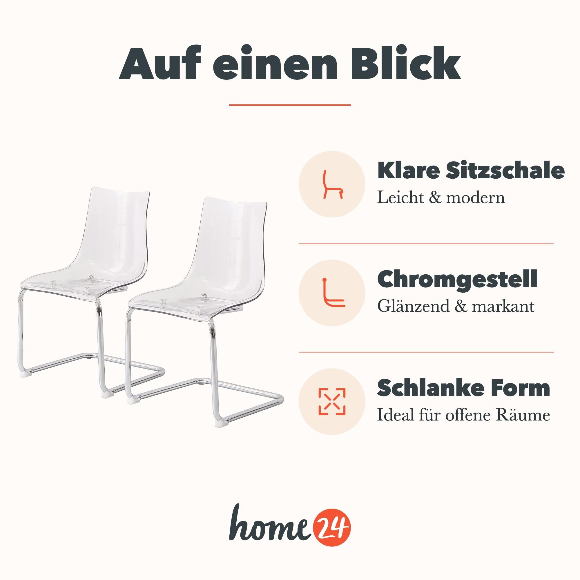 home24 Freischwinger 2er-Set - Transparent - verchromtes Eisengestell / Kunststoff Sitzschale Esszimmerstuhl