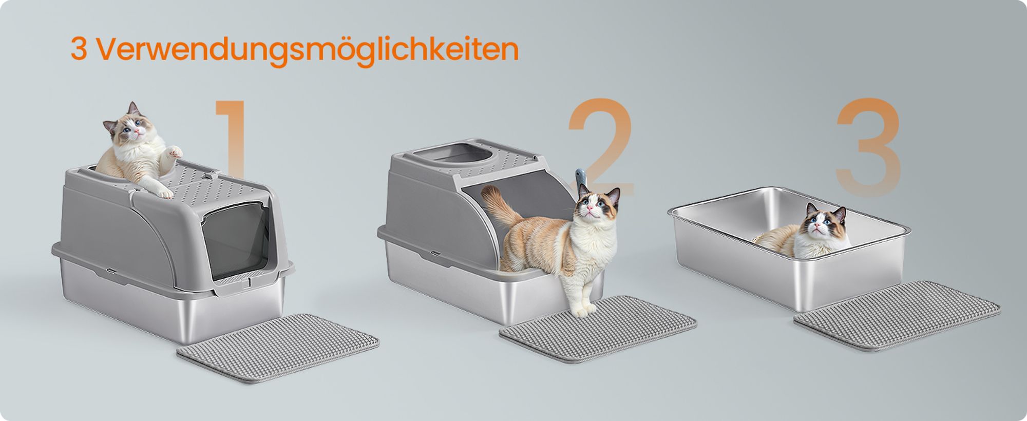 Feandrea Edelstahl Katzenklo, XL, Katzentoilette mit Deckel, mit Schaufel, Bürste und 2 Eingängen, für Katzen bis 15 kg, taubengrau