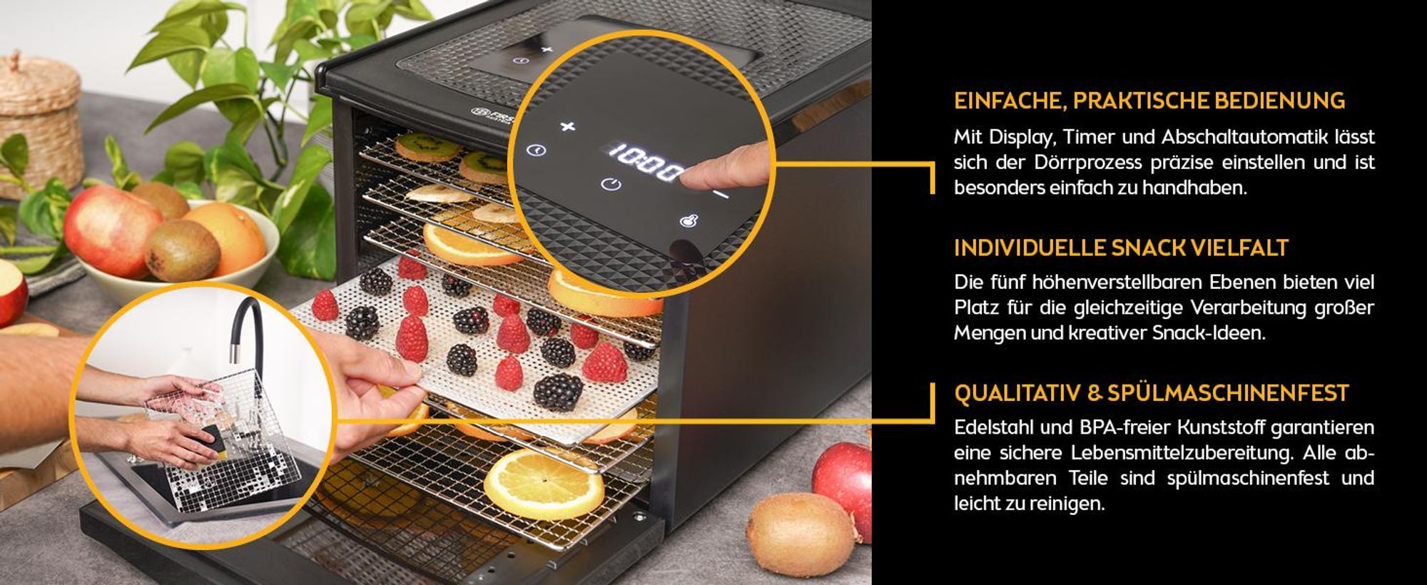 TZS First Austria Dörrautomat, Dörrgerät, 500W, 24h Timer, Temperaturregler 35-70°C, 6 Edelstahl Dörrtabletts, Obst, Gemüse, Dörrapparat, digitales Display