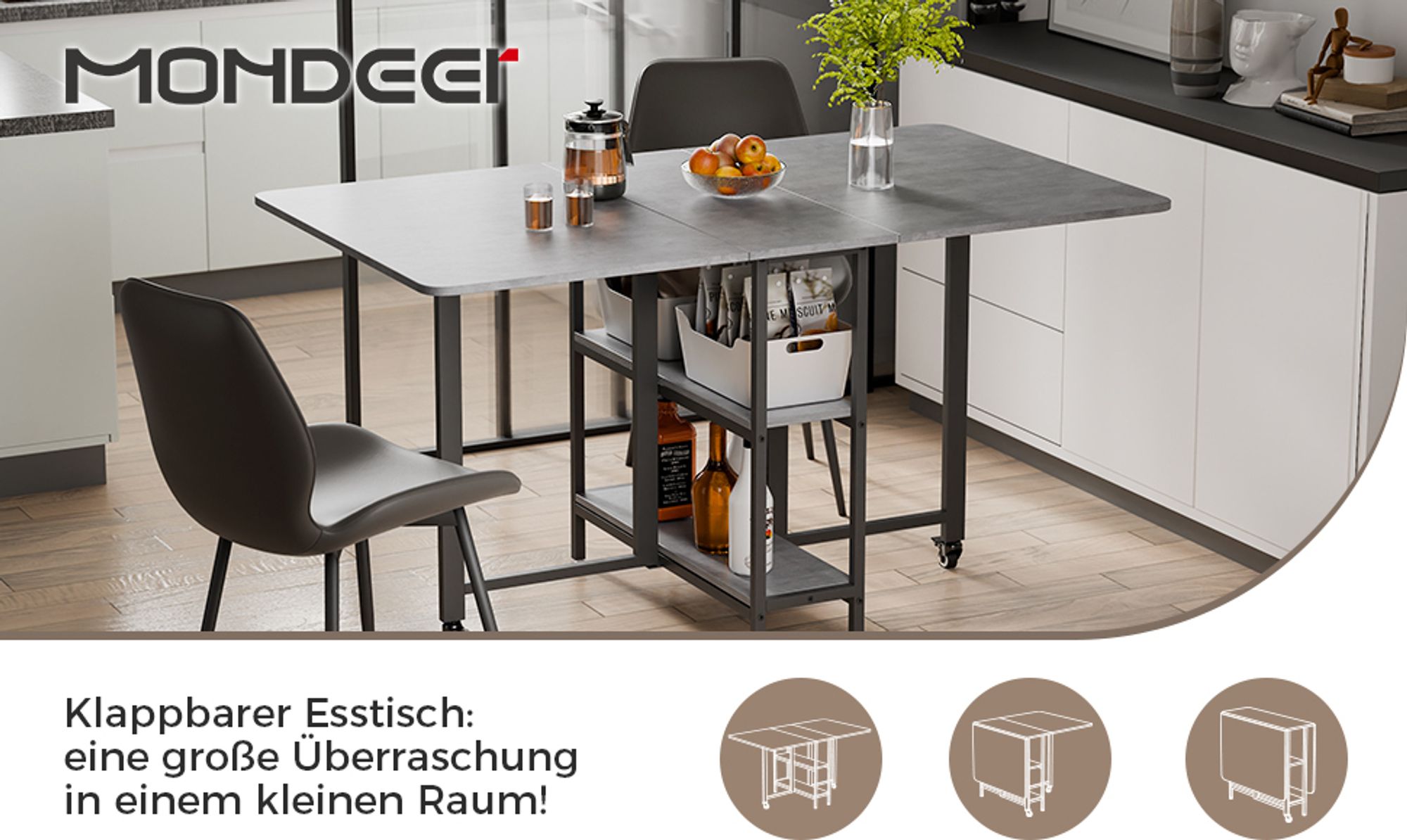 Mondeer Klappbarer Esstisch Küchentisch mit 2 Ablagen und Rollen 140 x 80 x 75 cm Grau