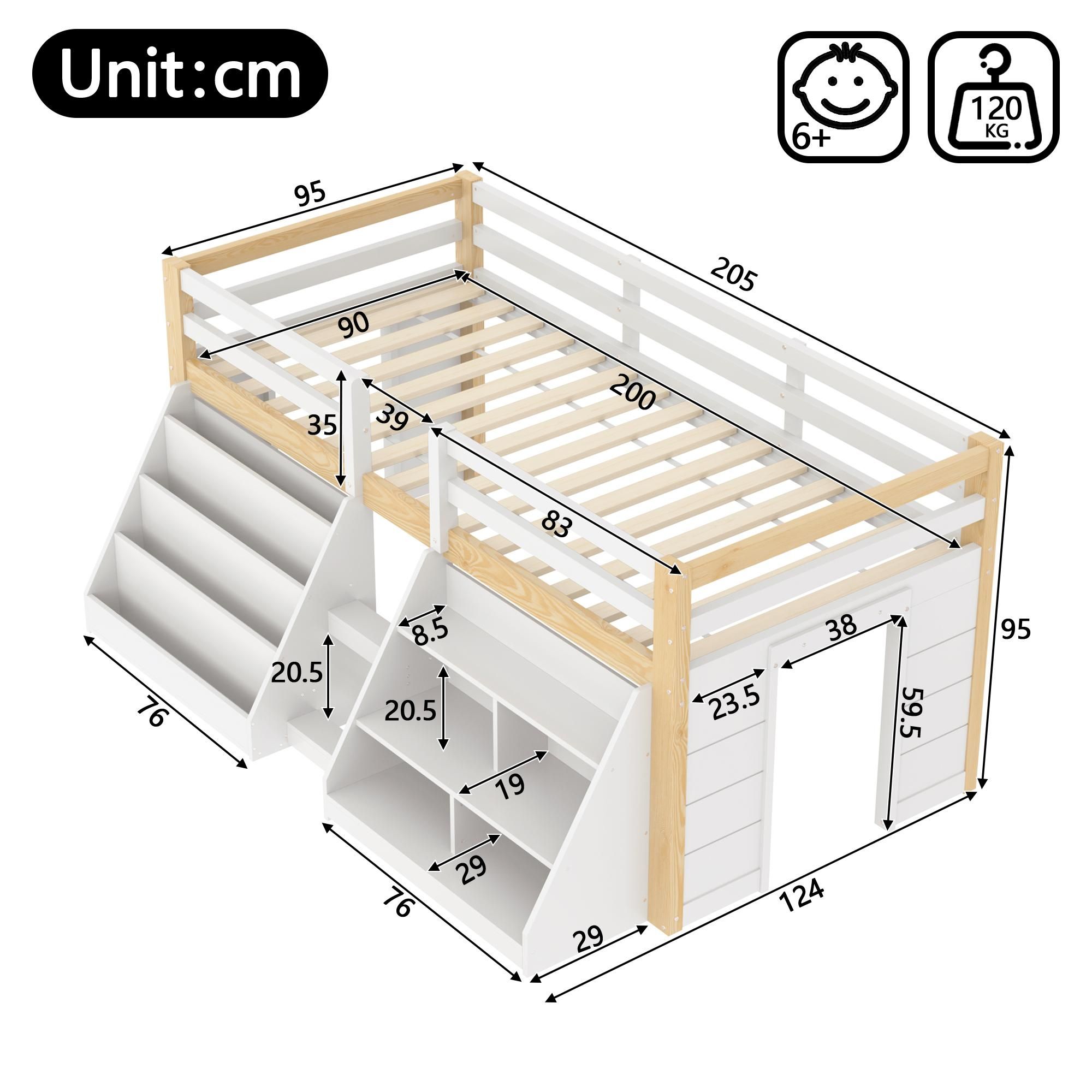 Flieks Kinderbett Hochbett 90x200cm mit 2 Regal, Etagenbett mit Led, Holzbett Einzelbett Stockbett mit Rausfallschutz und Lattenrost, Weiß Holzfarbe