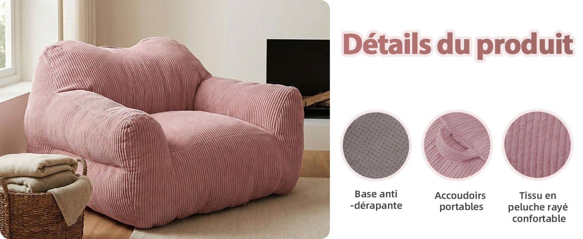 Pouf XXL pour adulte avec rembourrage en mousse, canapé de sol carré