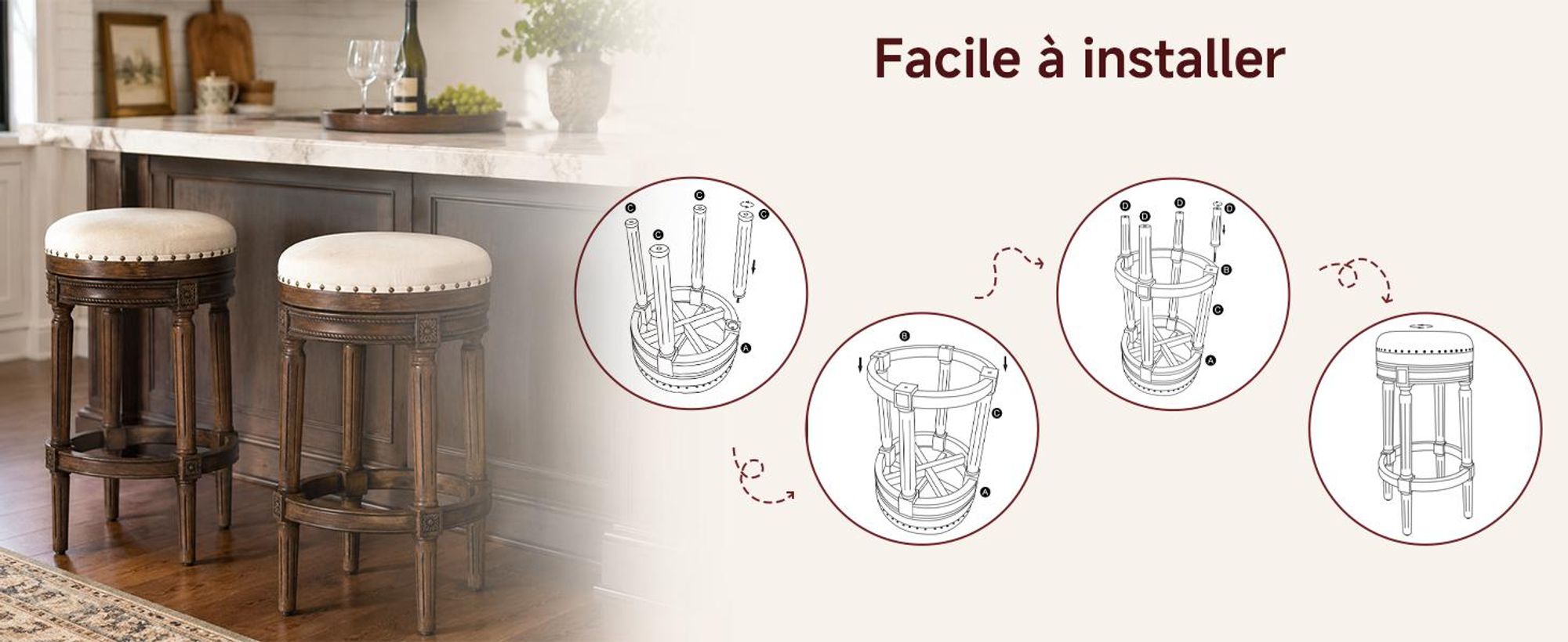 Tabouret de Bar Bois Pivotant Rembourré, Rétro Tabouret Îlot Central Beige Sans Dossier, Antidérapant, pour Cuisine et Bar, 40×40×76cm, Charge 118kg