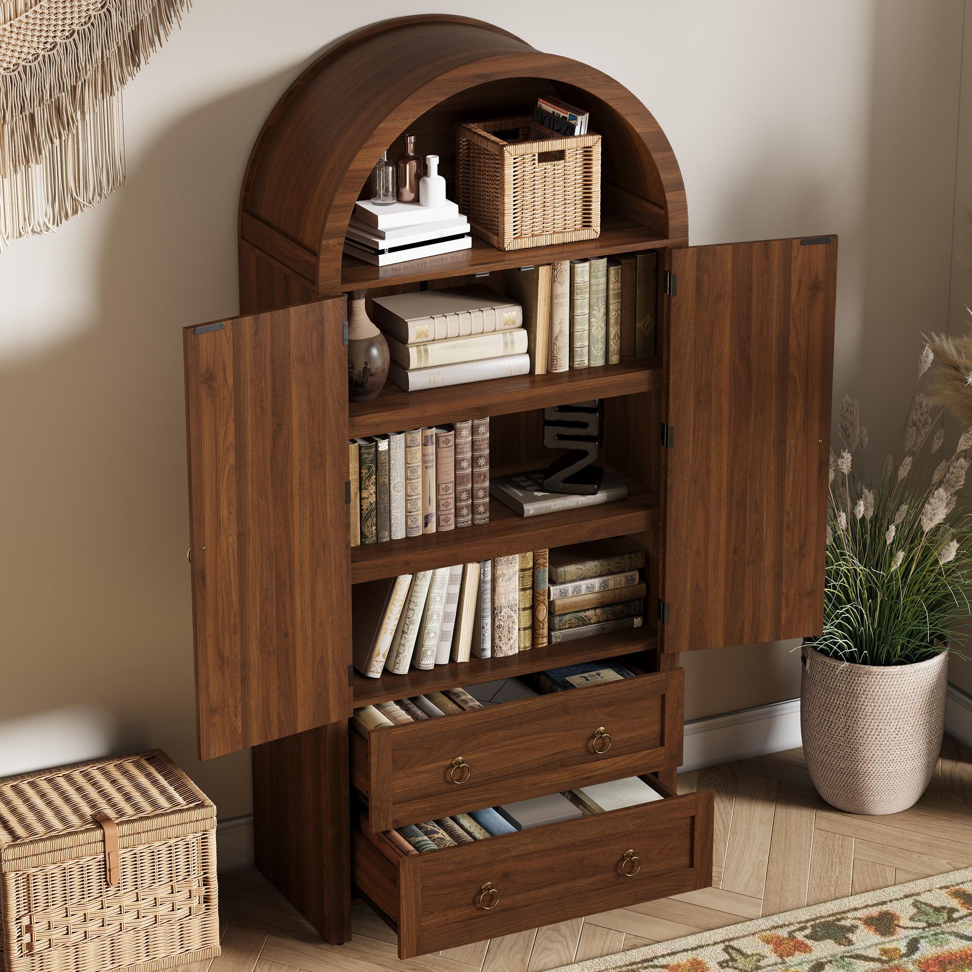 Merax Kleiderschrank im Korbgeflecht-Bogenstil,Sideboard mit Doppelschubladen und Rattan-Türen, Vintage Aufbewahrungsschrank mit Haken, Nussbaum