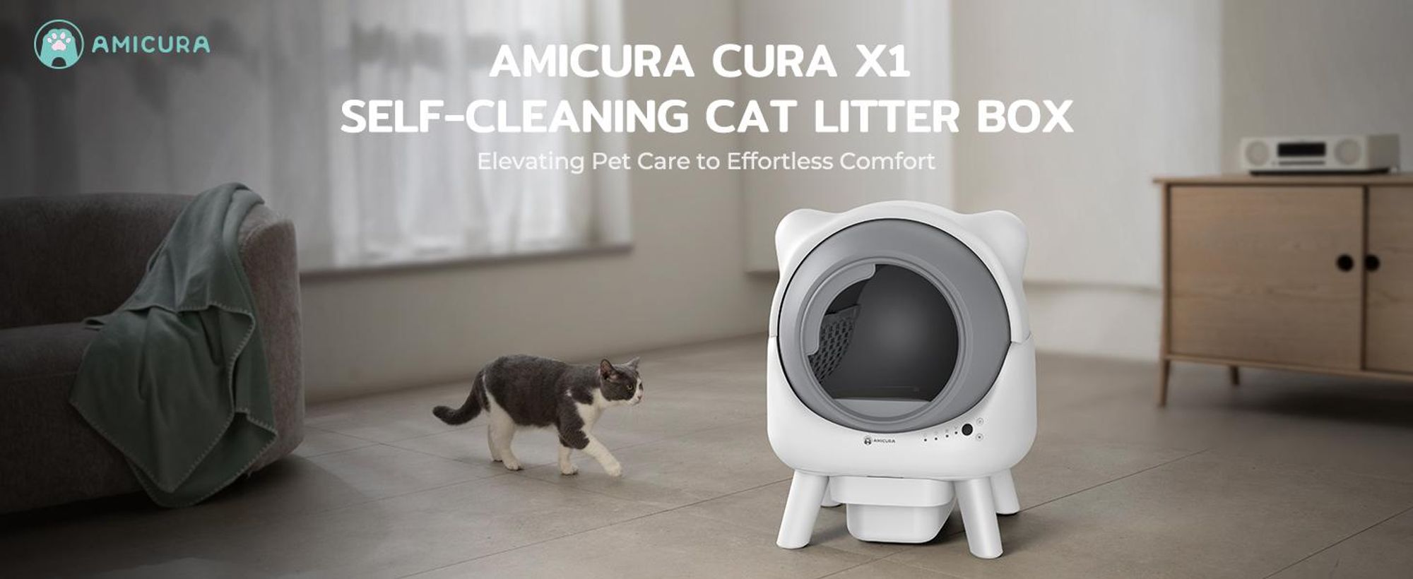 Katzenklo Selbstreinigend 80L-Amicura X1-Sicherheitssensor (Anti-Pinch) , XXL Geruchsdichter Abfallbehälter,App-Steuerun-Weiß