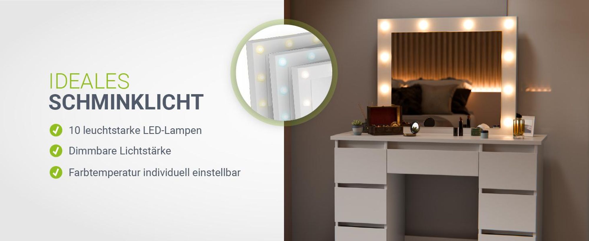 Juskys Schminktisch Talea mit LED, 7 Schubladen & großem Spiegel – Weiß