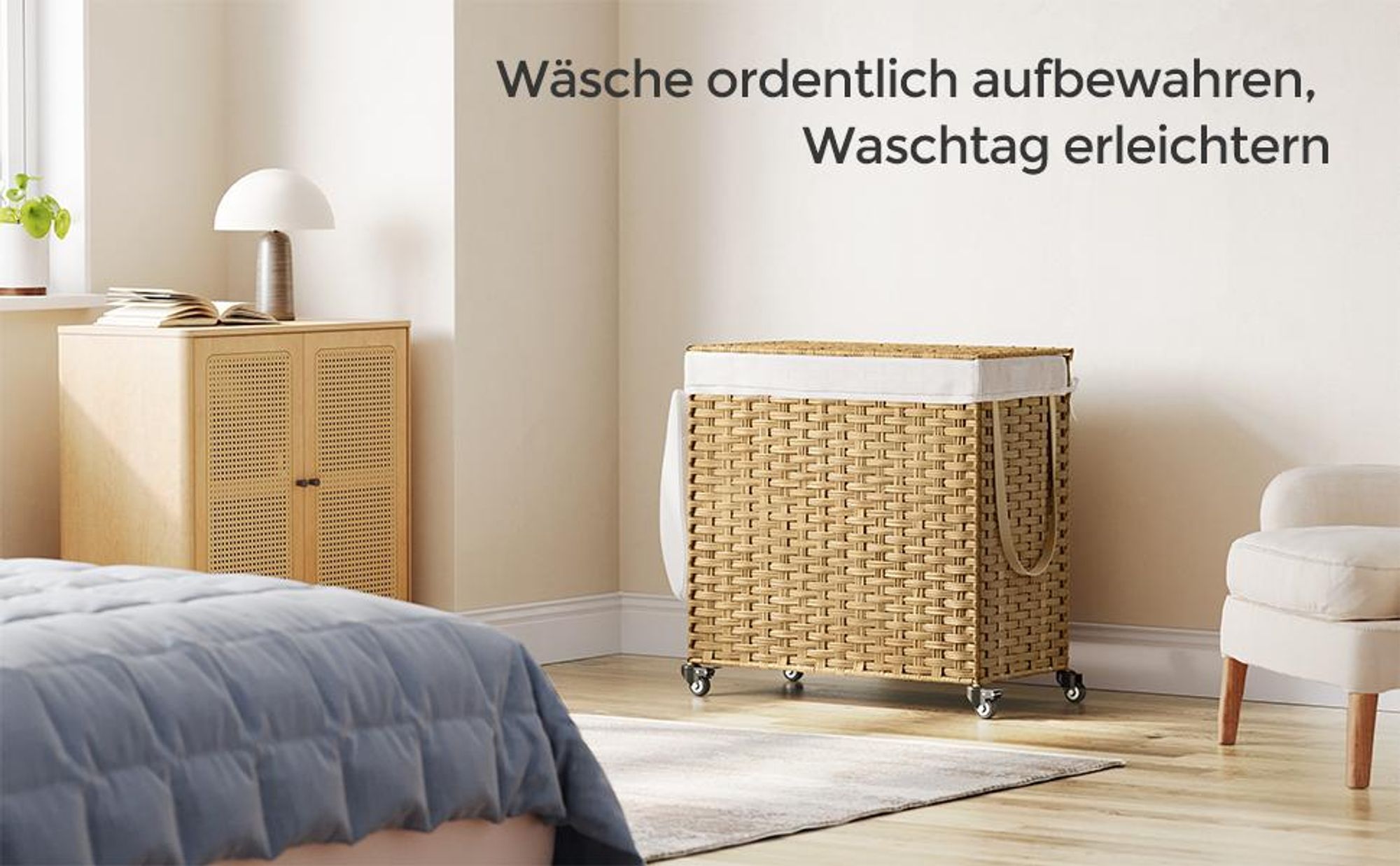SONGMICS Wäschekorb, 140 L, mit Deckel, 3 Fächer, Wäschesack herausnehmbar