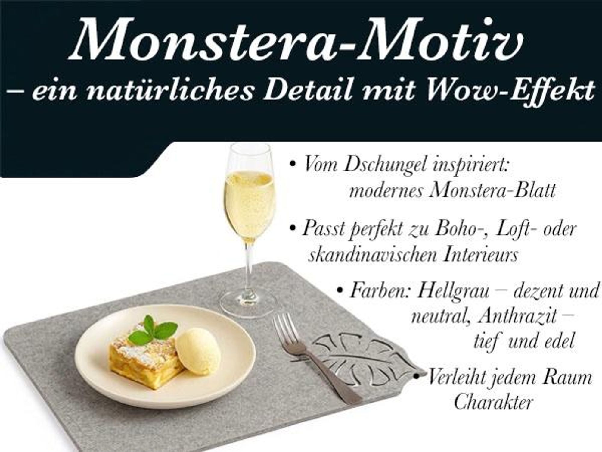 4-Teiliges Set aus Filz Tischuntersetzer, Platzset Tischmatte, Tischunterlagen, Platzdeckchen abwaschbar Filzmatte (Rechteck, Blume Grau)