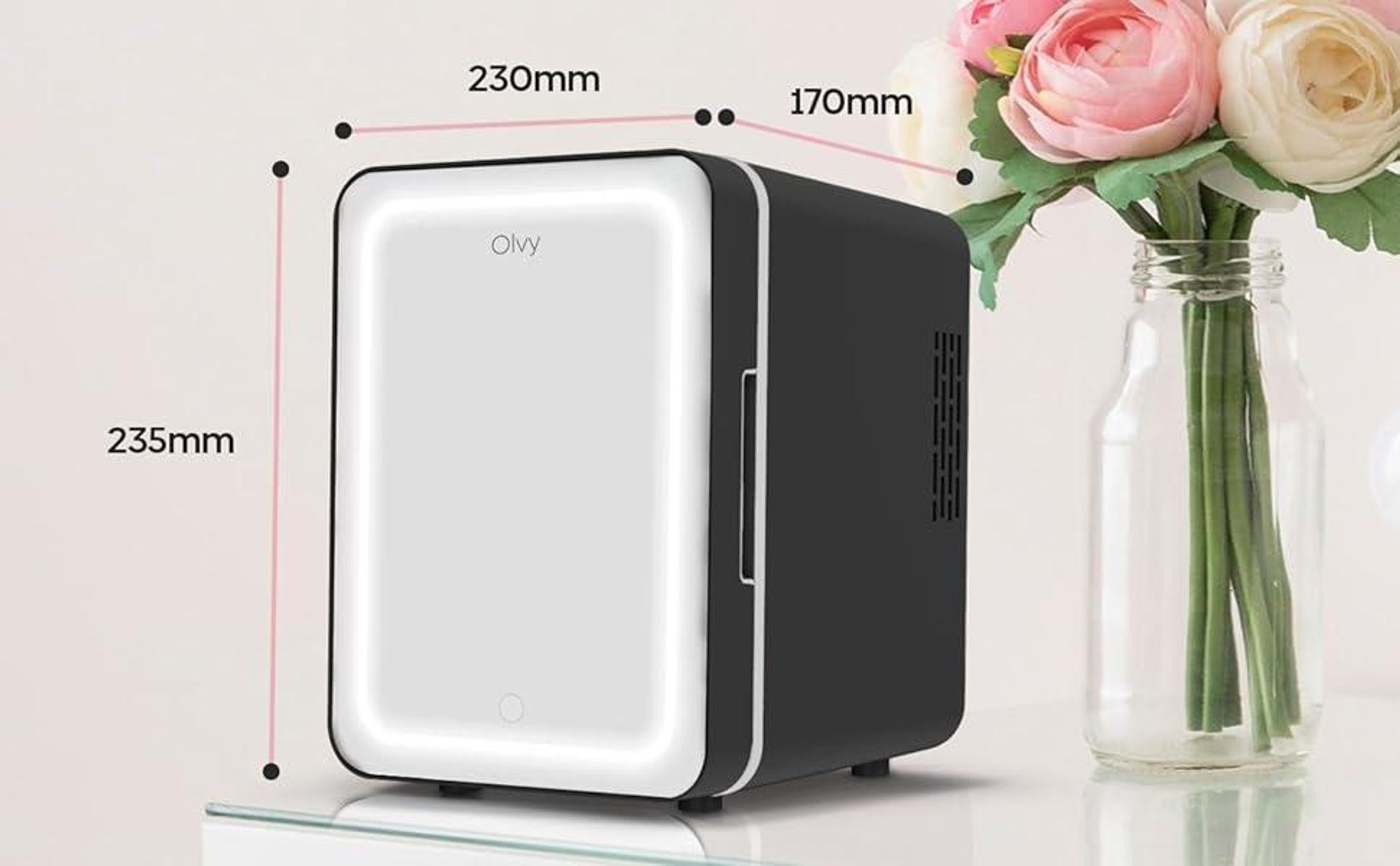 Olvy Kosmetik Kühlschrank 4 Liter, Tragbarer Mini Kühlschrank mit LED Spiegel, Klein Skincare Fridge, Kühl und Heiß für Zimmer, Schwarz