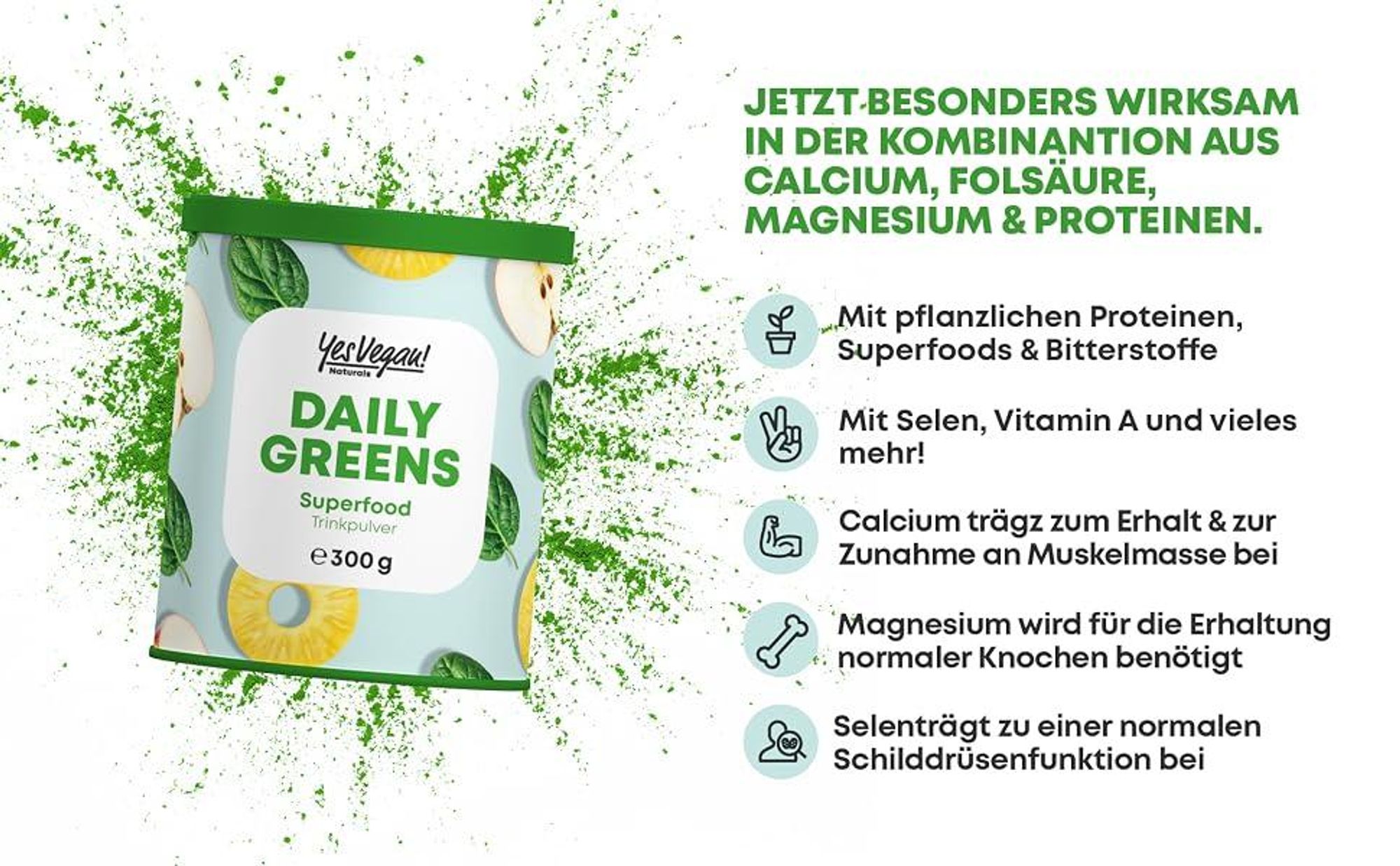 Daily Greens Pulver Superfood Pulver (300g = 30 Port.) - 25 Pflanzen, Vitamine, Milchsäurebakterien