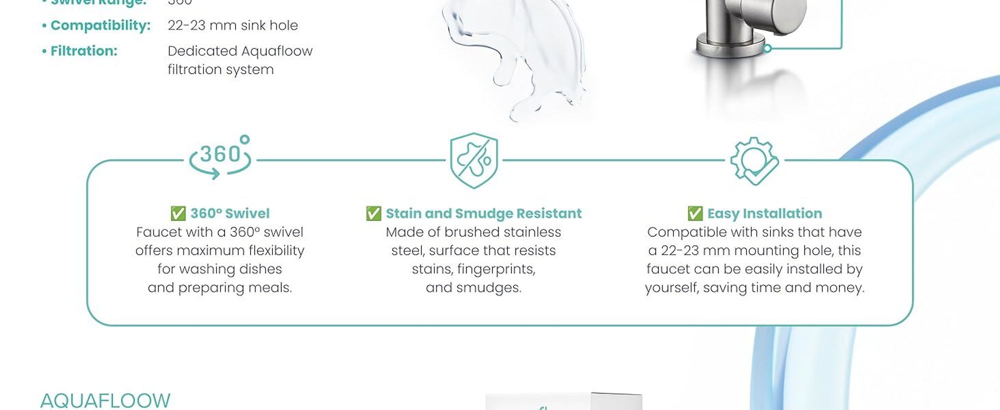 AquaFloow Edelstahl Küchenarmatur mit Wasserfilter Anschluss 360° drehbar Silber