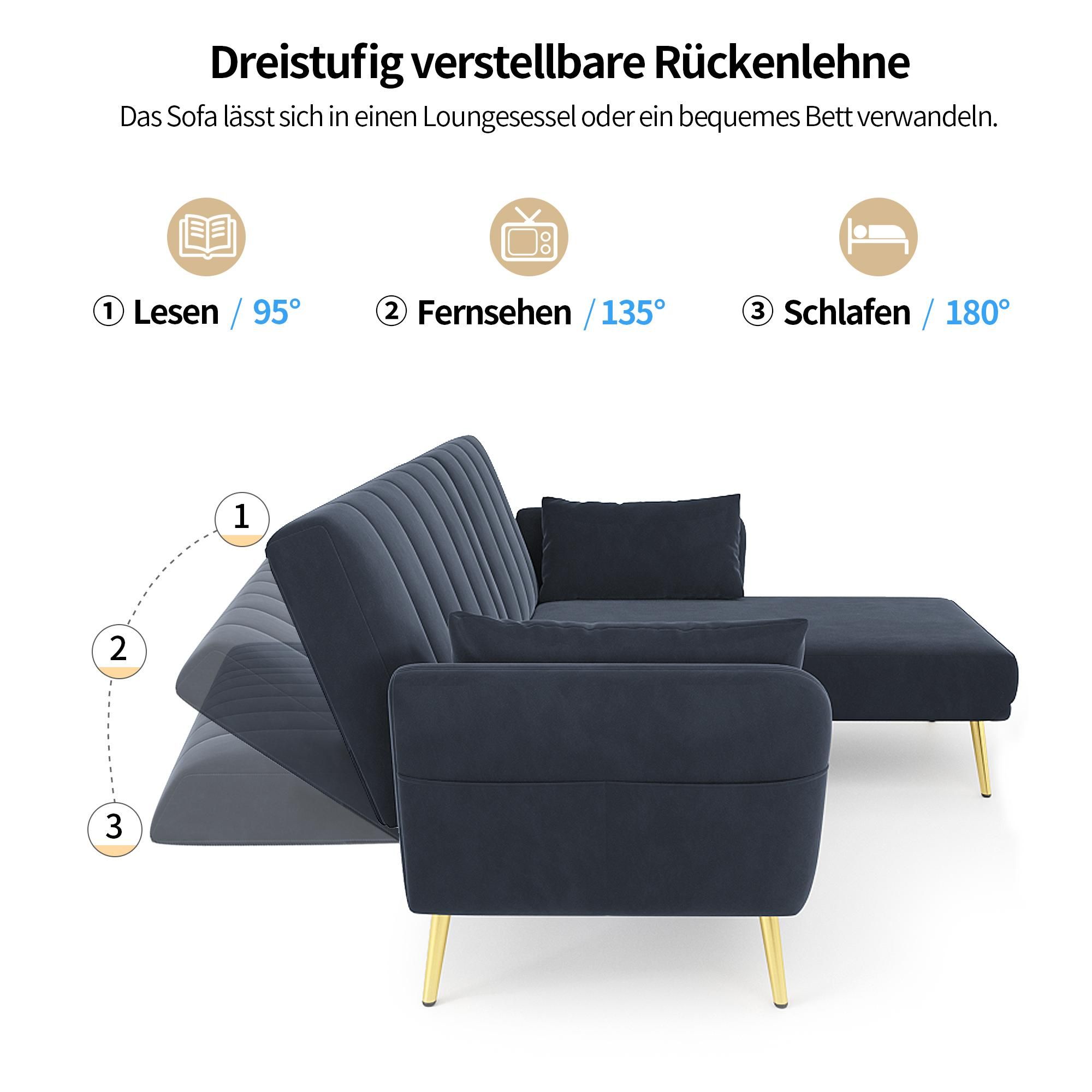 Merax Ecksofa mit Schlaffunktion, L-Form Klappsofa Schlafsofa, 3-stufig verstellbar, 3-Sitzer Sofa, Couch, Bettsofa, Wohnzimmersofa, Velvet, Schwarz
