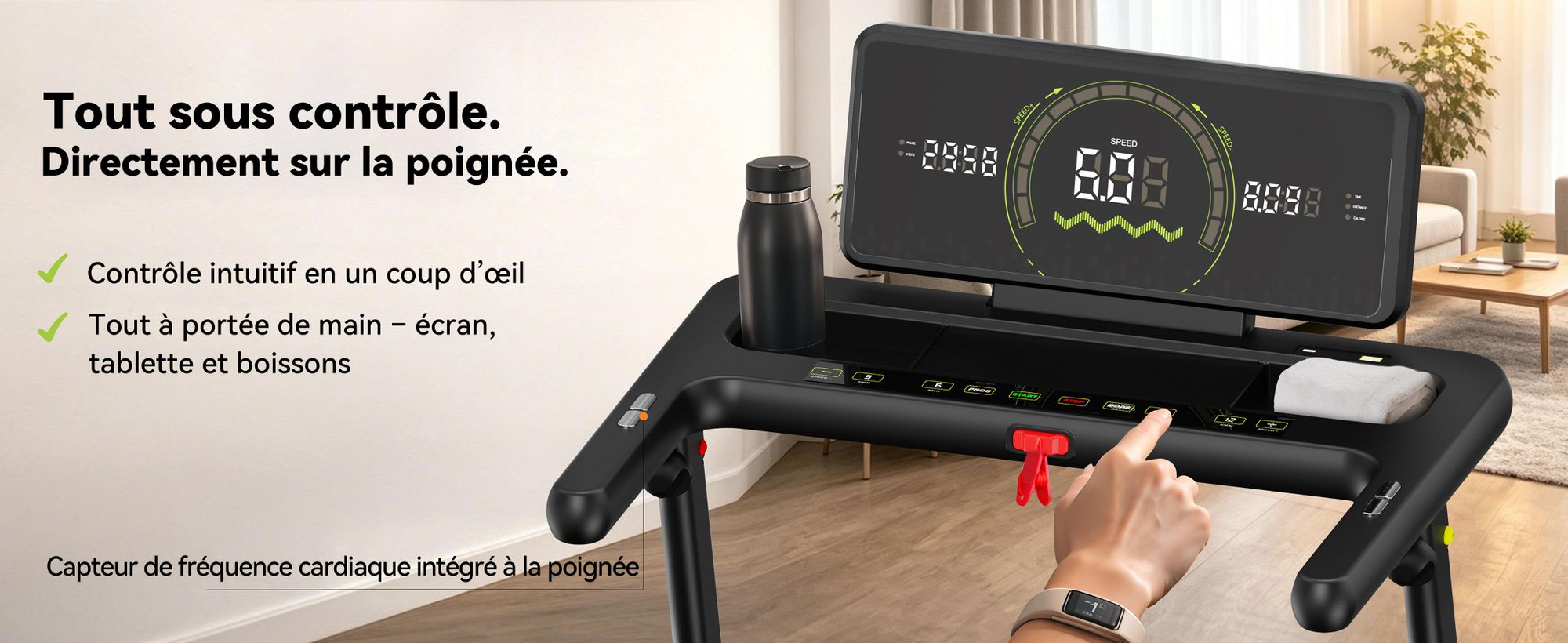 Tapis de course pliable FunLife F8 avec une inclinaison de 5 %, écran intégré à la main courante, surface de course extra-large, silencieux et ménageant les articulations, 12 programmes, 1 à 12 km/h