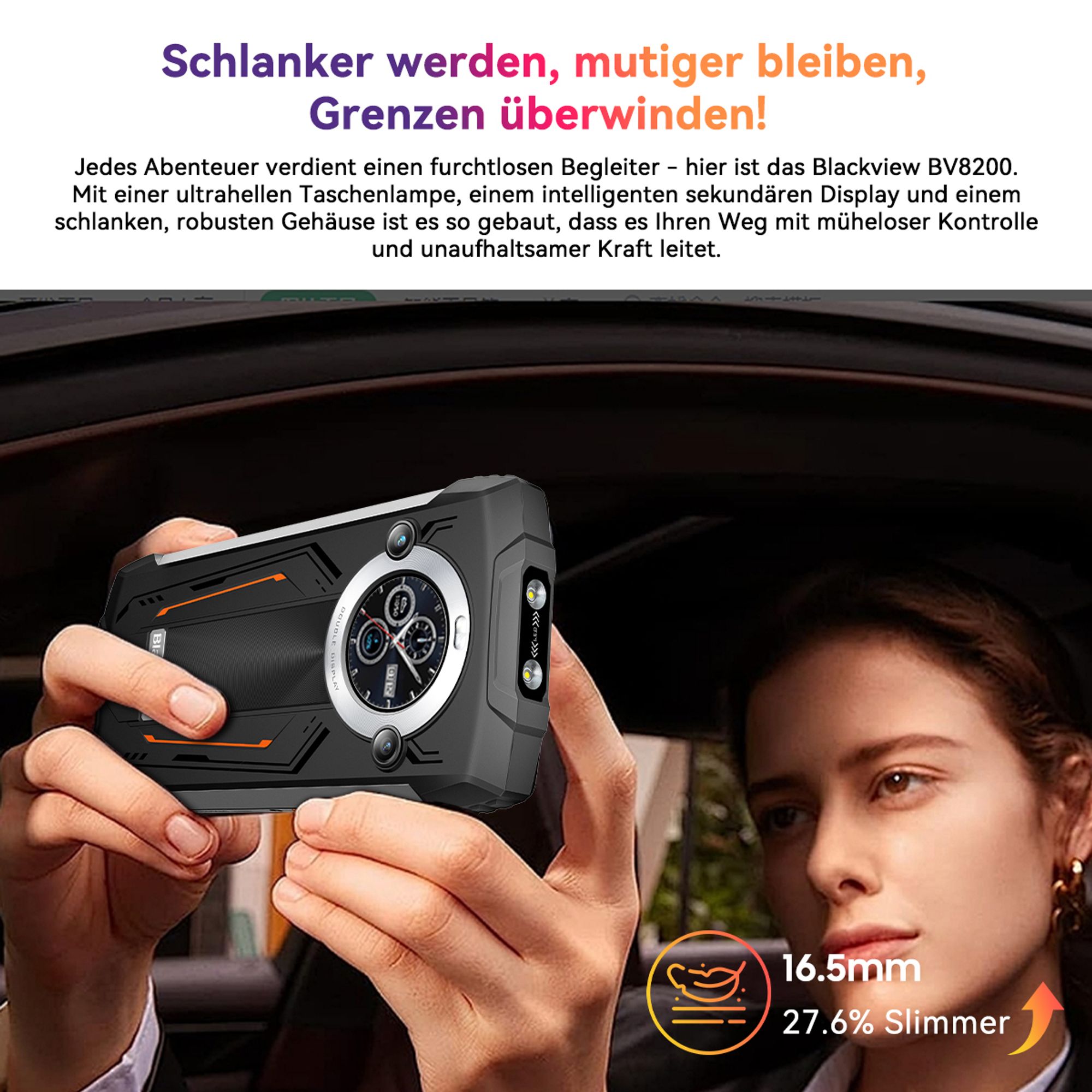 2026 Blackview BV8200 Robustes Outdoor Handy 36GB+ 256GB,6,5" FHD+1.3'' Doppel Bildschirm, 8800mAh, 50MP, Helio G100, NFC, IP68, 170 Lumen