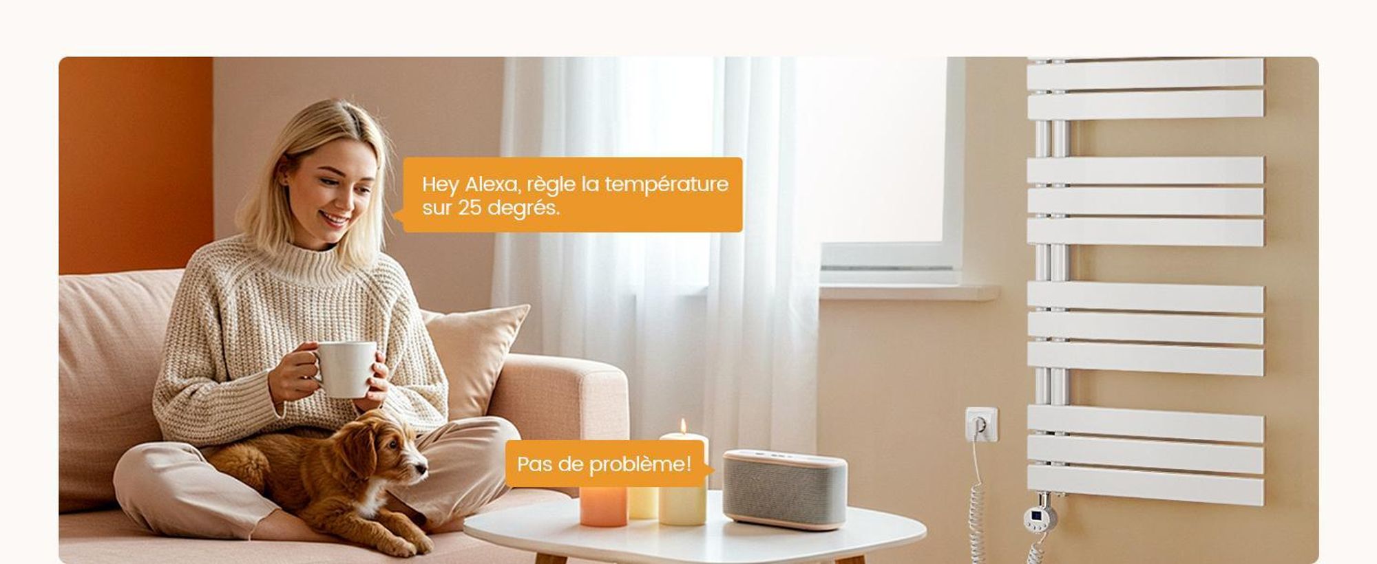 Radiateur de salle de bain EMKE électrique avecvia application Wi-Fi Thermostat Sèche-serviettes 1320 x 600 mm Blanc Porte-serviettes 800 W Sèche-serviettes
