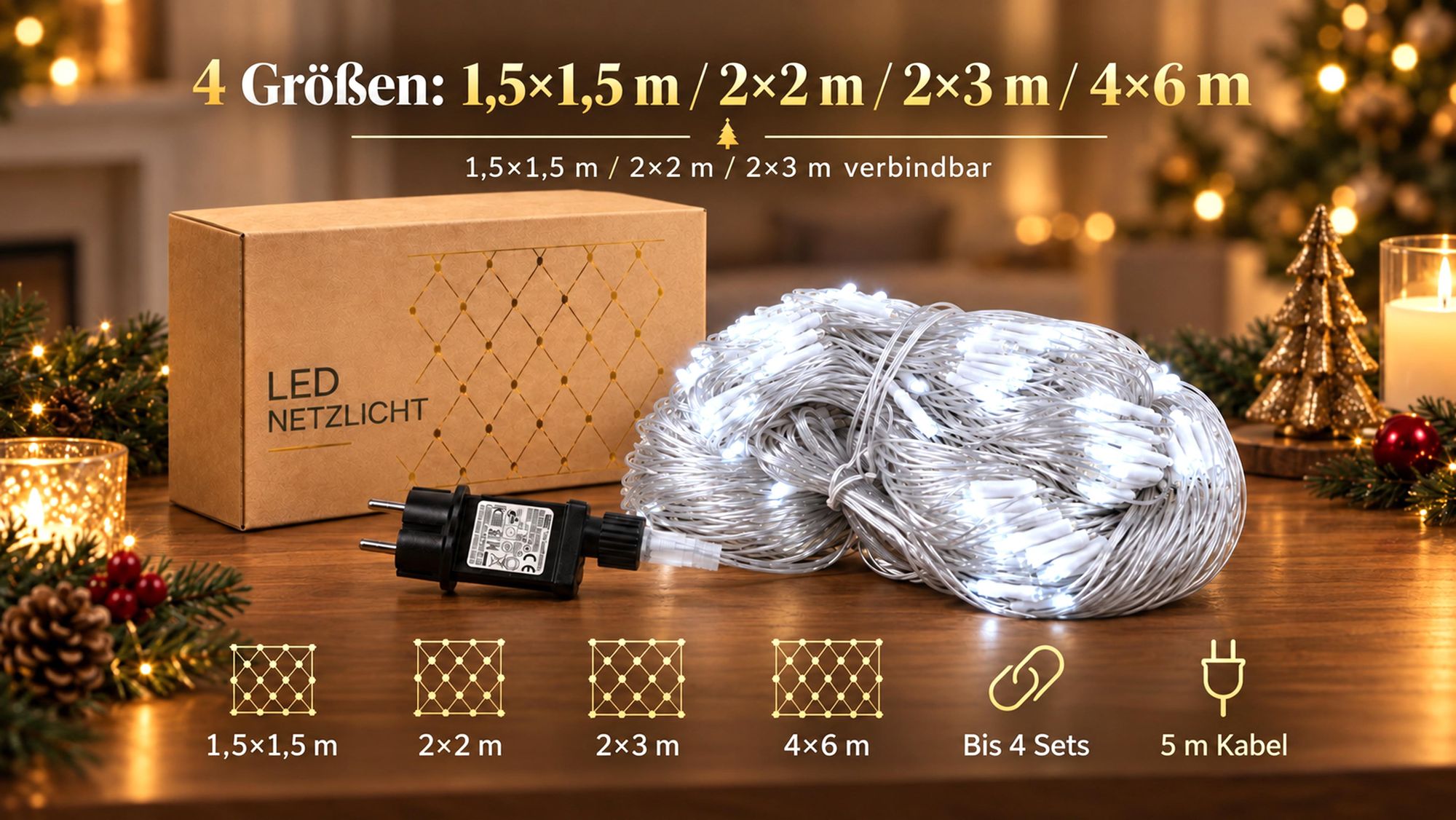 2X2m 144 LED Lichterkette Netz Lichternetz Weiß 8Modi Speicherfunktion Stecker für Büsche Garten Weihnachtsbaum Party Weihnachten Beleuchtung Deko