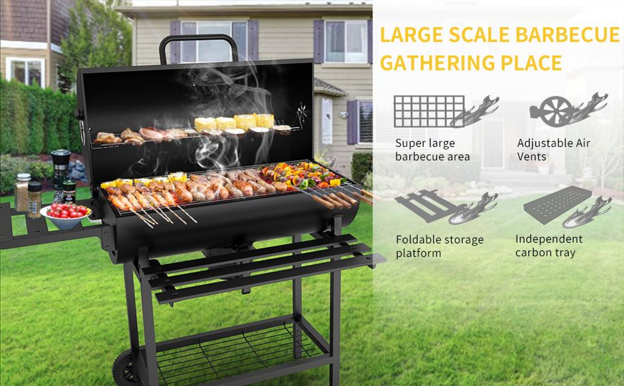 TEENO Chariot à Barbecue de Bois,Grill XXL à Charbon avec Couvercle, Thermomètre,Tiroir à Cendres,Comprend une housse en tissu imperméable