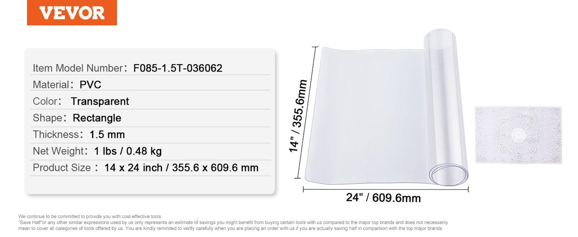 VEVOR Kunststofftischdecke, 42 x 96 Zoll 1,5 mm dicke klare Tischschutzmatte, rechteckige PVC-Schreibtischunterlage, wasserdicht & leicht zu reinigende Tischdecke, für Büromöbel Esstisch Nachttisch, 356x610 mm