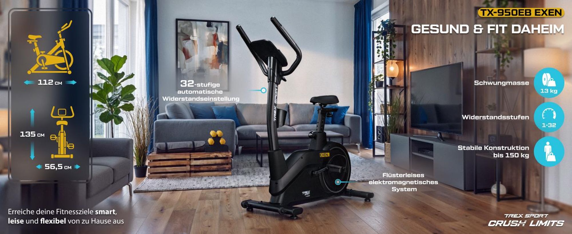 TREX SPORT Heimtrainer Fahrrad TX-950EB EXEN | Elektromagnetisches Fitnessbike mit 32-stufigem Widerstand | 21 Programme, ergonomisch, bis 150 kg