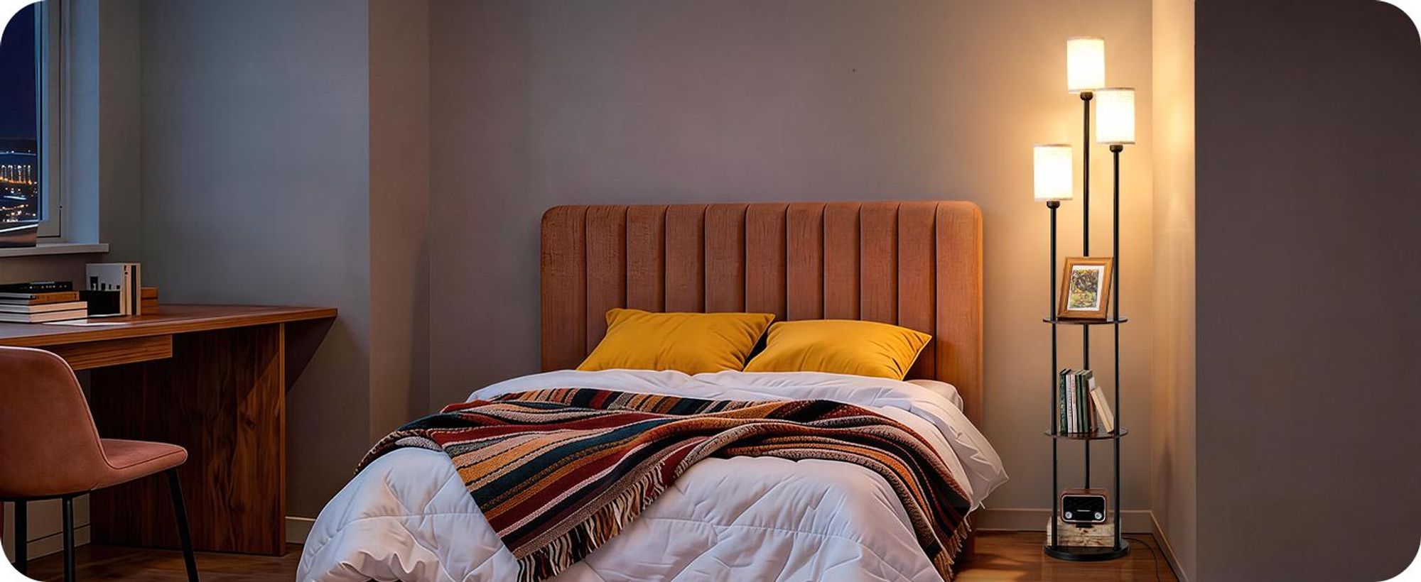 EDISHINE Stehlampe Wohnzimmer, 3-flammige LED Stehleuchte mit Regal & Leinen-Lampenschirm, inkl. Leuchtmittel,Moderne Stehlampe für Schlafzimmer,178cm