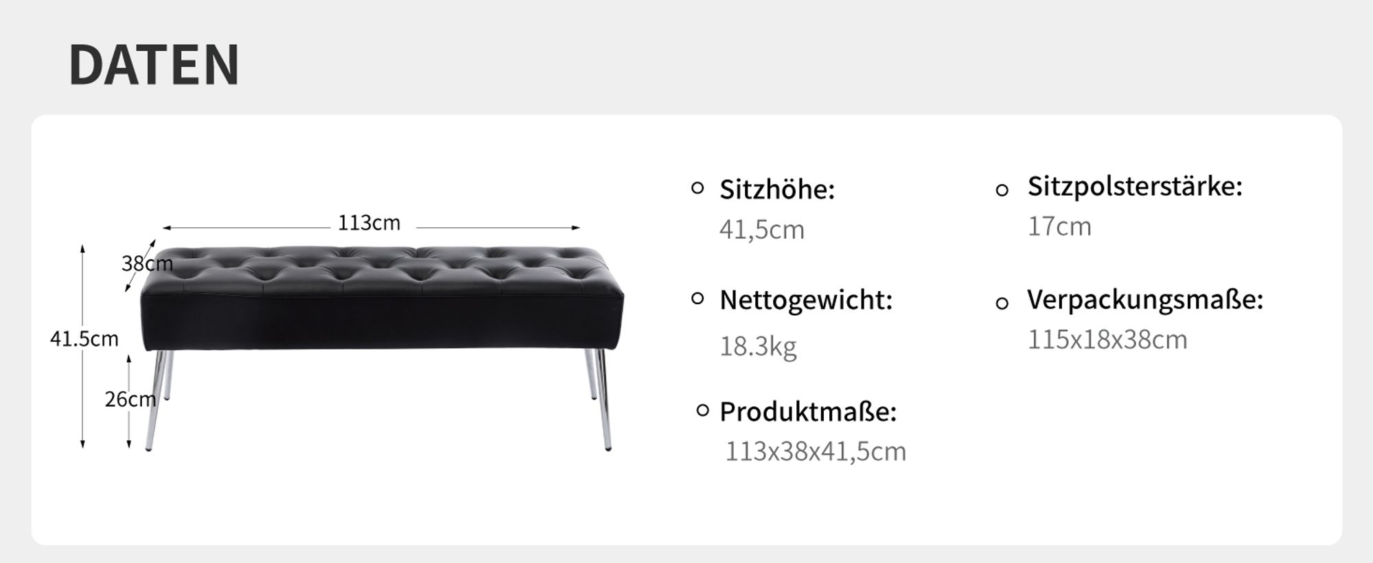 Duhome Sitzbank aus Kunstleder Polsterbank Schminkhocker Schminkbank Farbauswahl, Farbe:Schwarz, Material:Kunstleder