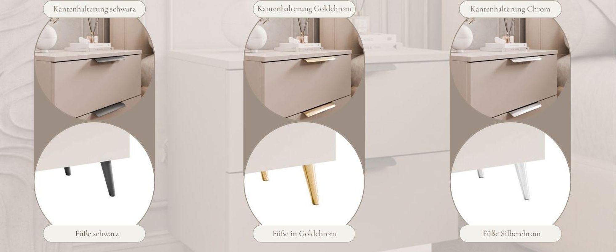 Nachttisch LINA KASCHMIR 2S auf schwarzen schrägen Beinen mit LED-Beleuchtung