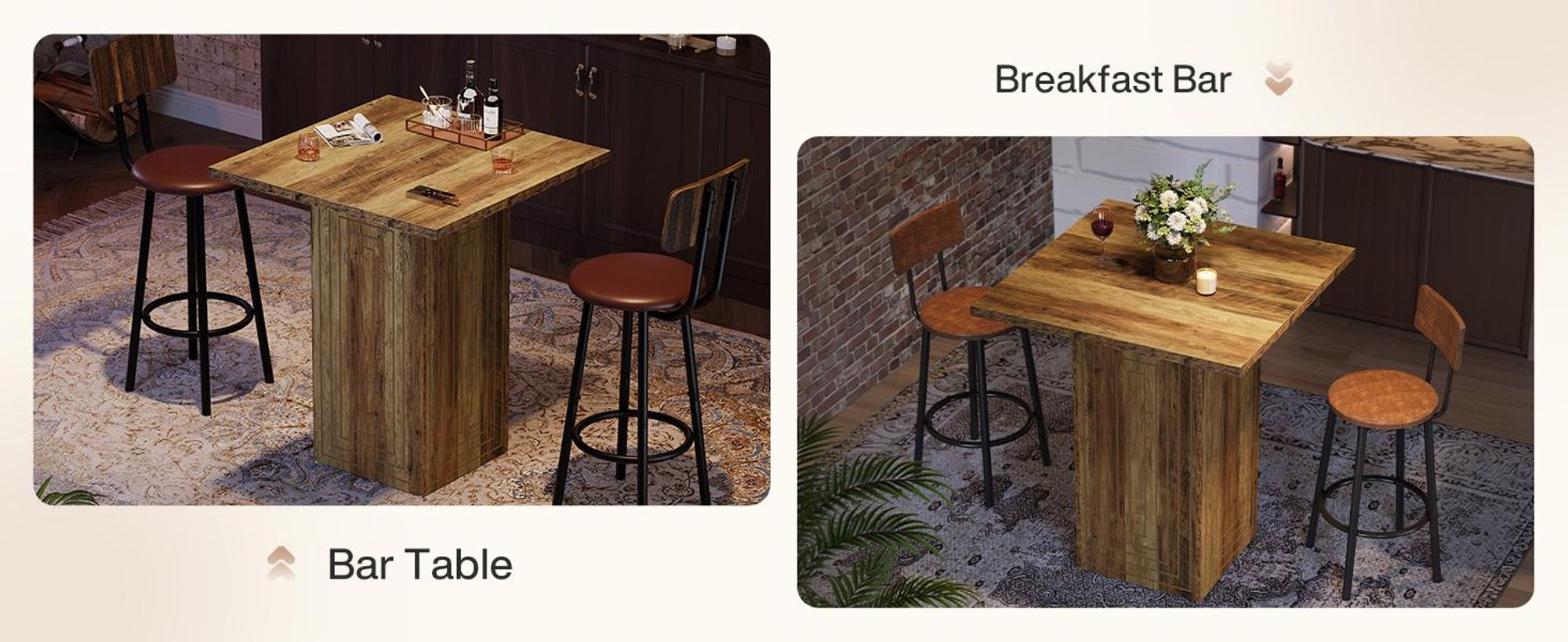 Tribesigns quadratischer Bartisch, 79 cm, Holz, Hausbar mit geometrischer Textur, Stehtisch im Landhausstil für Esszimmer, Küche, rustikales Braun