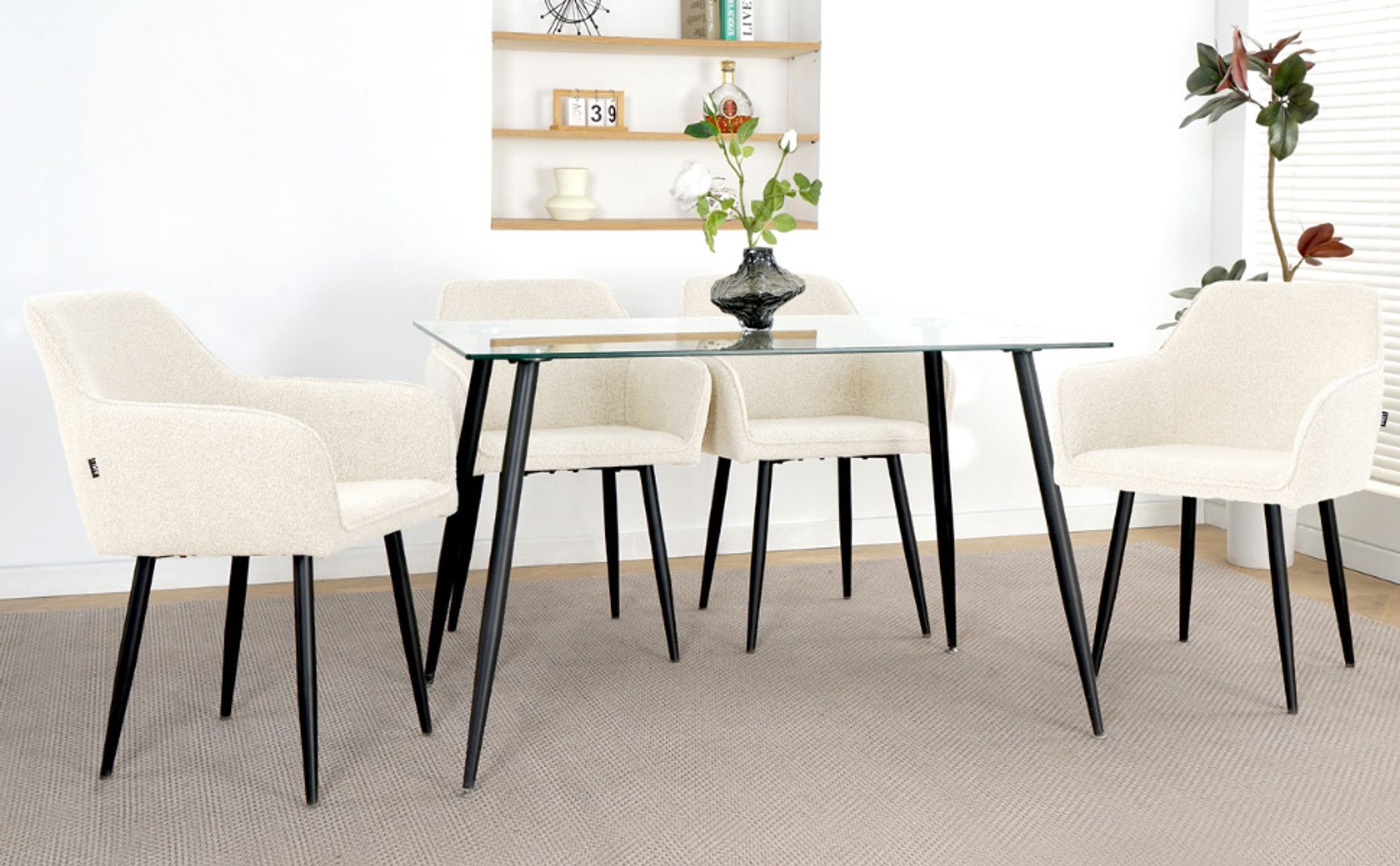 Lina® Diamond Esszimmerstühle 6er Set Bouclé Creme mit Armlehnen – Stilvoll für Esszimmer, Büro und Küche mit schwarzen Metallbeinen