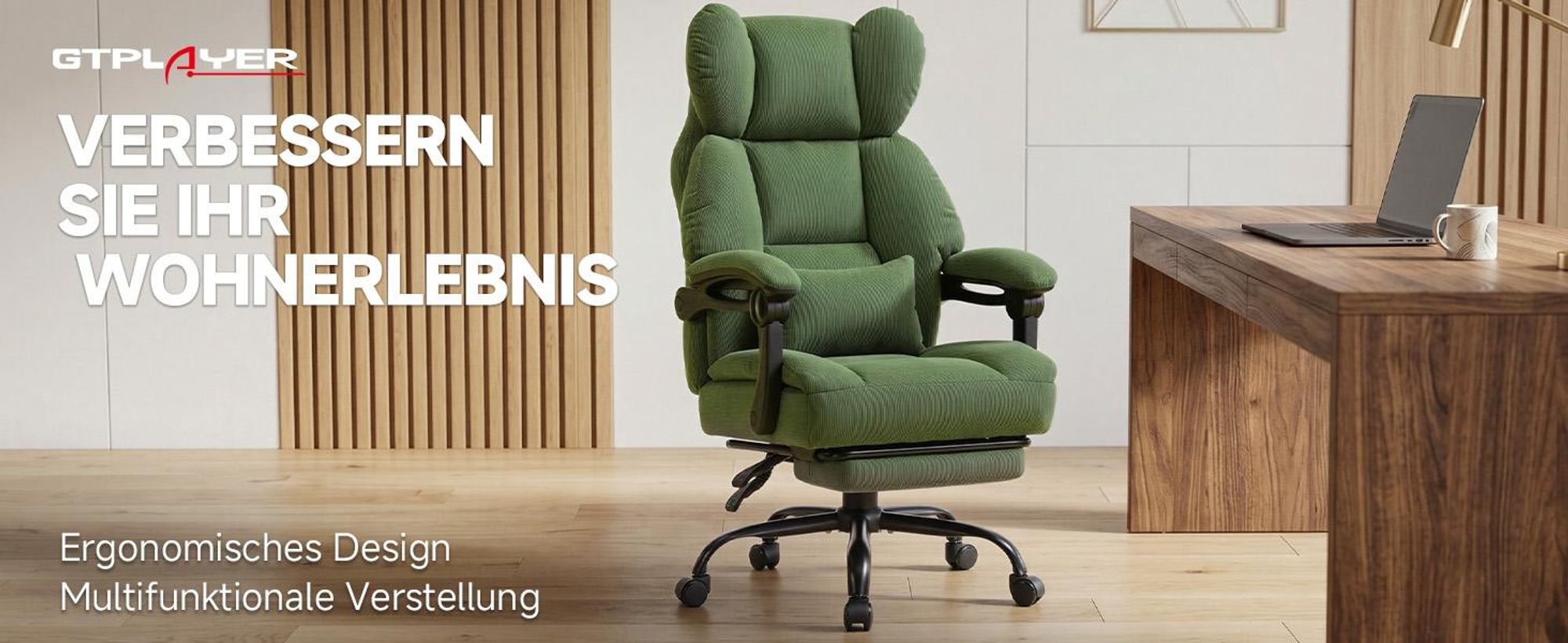 GTPLAYER Gaming Stuhl, Ergonomischer Bürostuhl mit Fußstütze und Lendenstütze, Hochlehner Chefsessel für Große, breiter Computersessel, Höhenverstellb