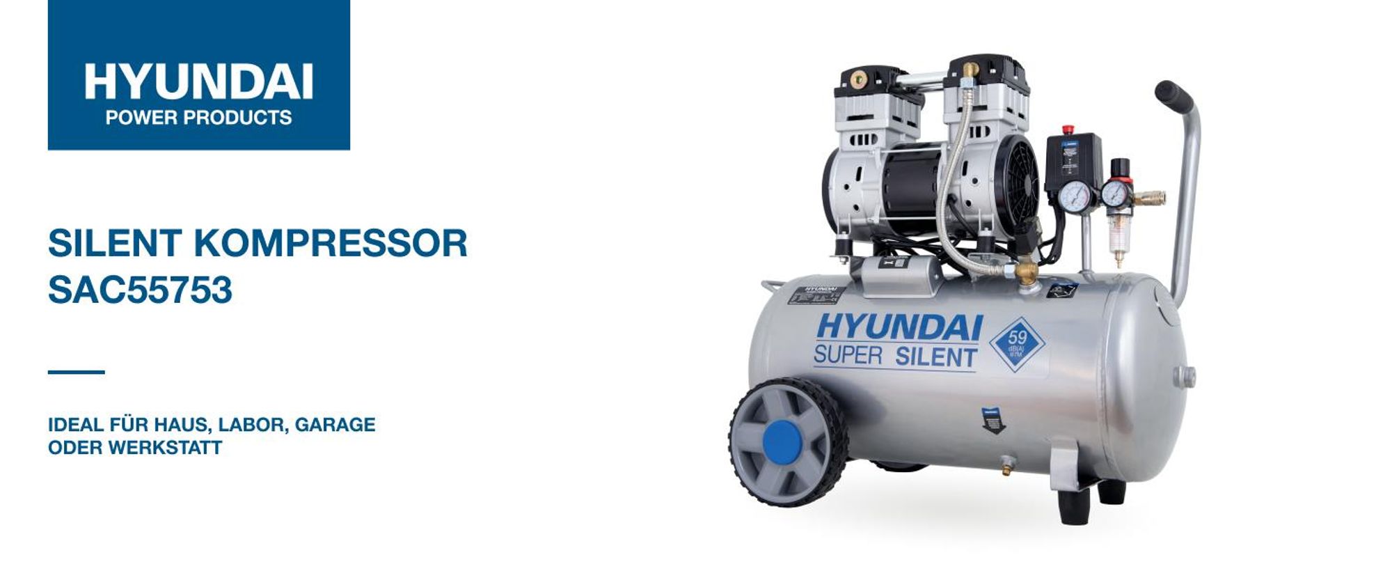 HYUNDAI Silent Kompressor SAC55753 (8 bar, 50L, ÖLFREI, 59 dB, 1.5 kW / 2.0 PS)