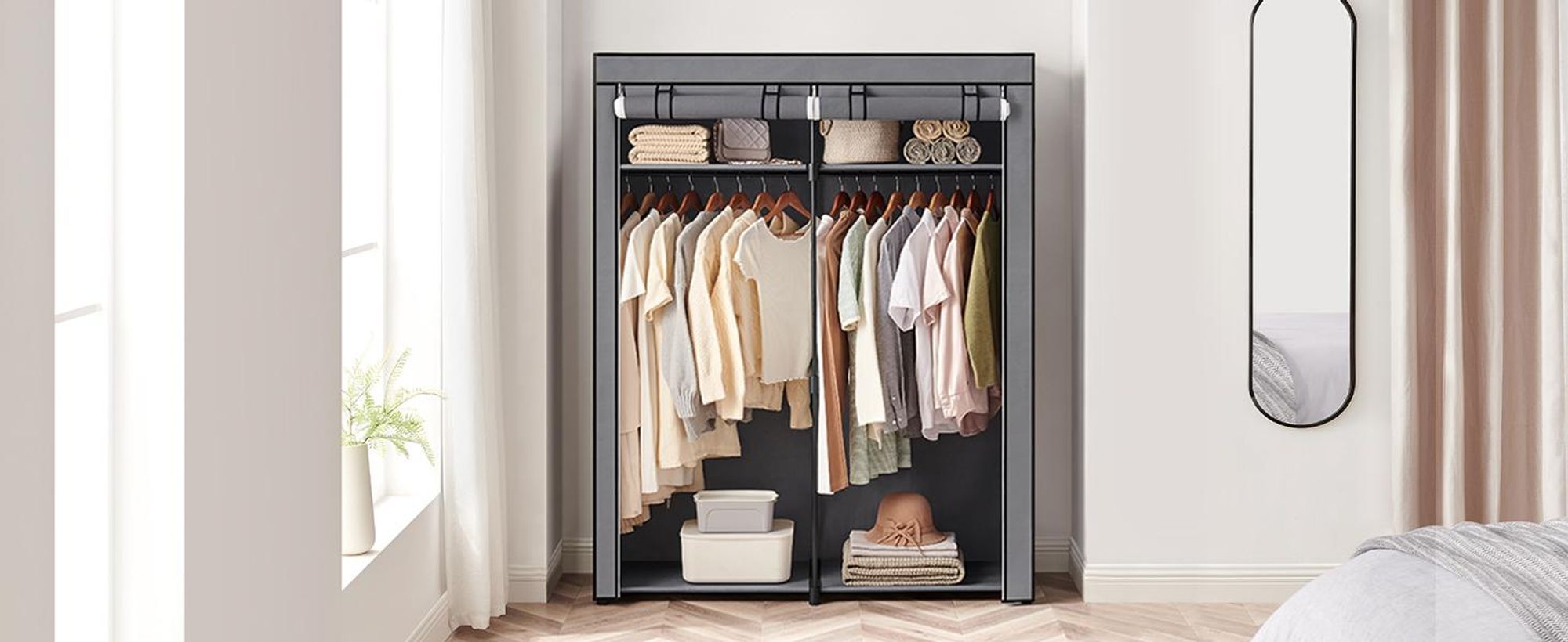 SONGMICS Kleiderschrank mit 2 Kleiderstangen faltbar