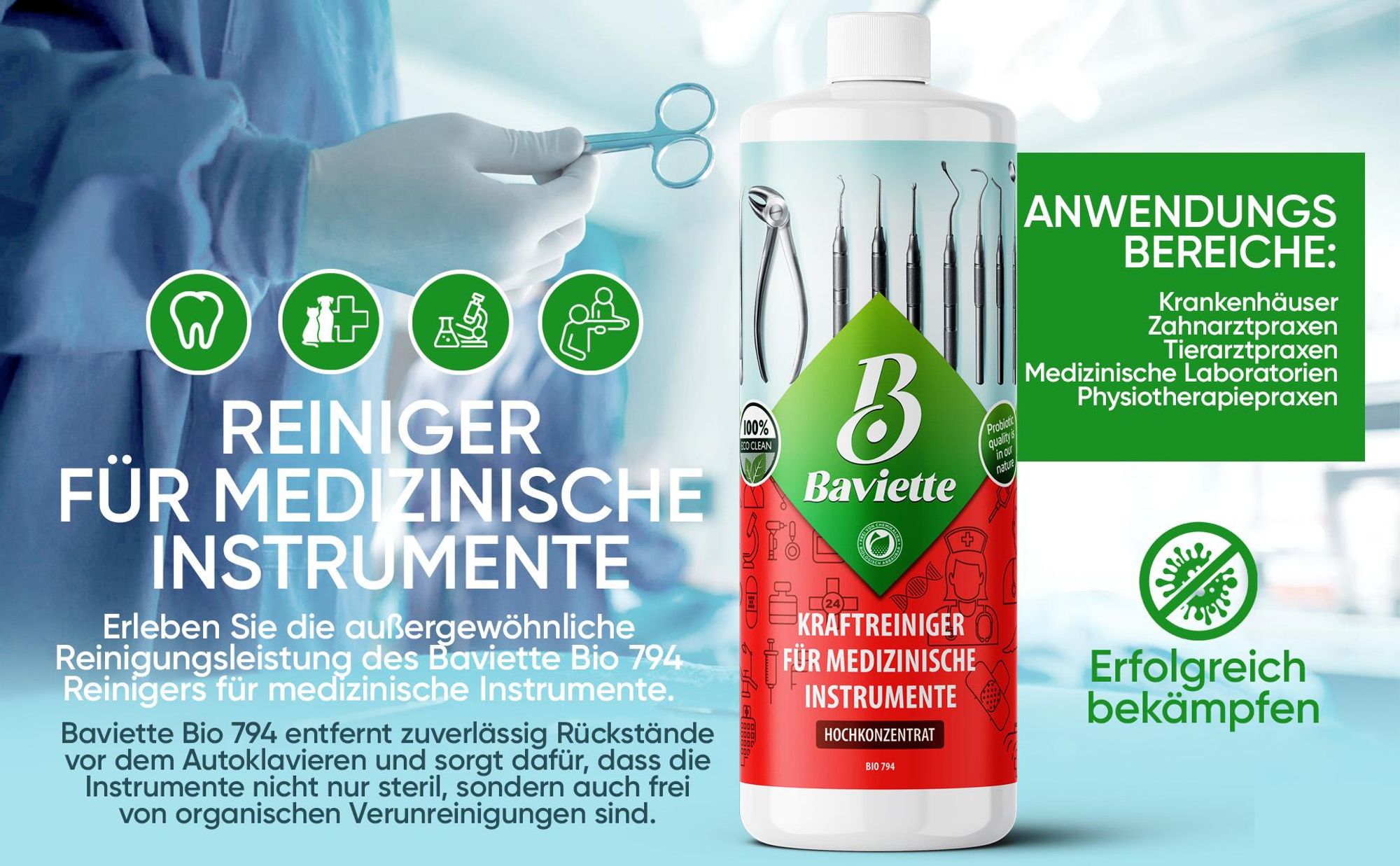 Baviette Bio 794 Instrumentenreiniger 500 ml – zur Vorreinigung medizinischer Instrumente in Arztpraxen, Kliniken und Laboren