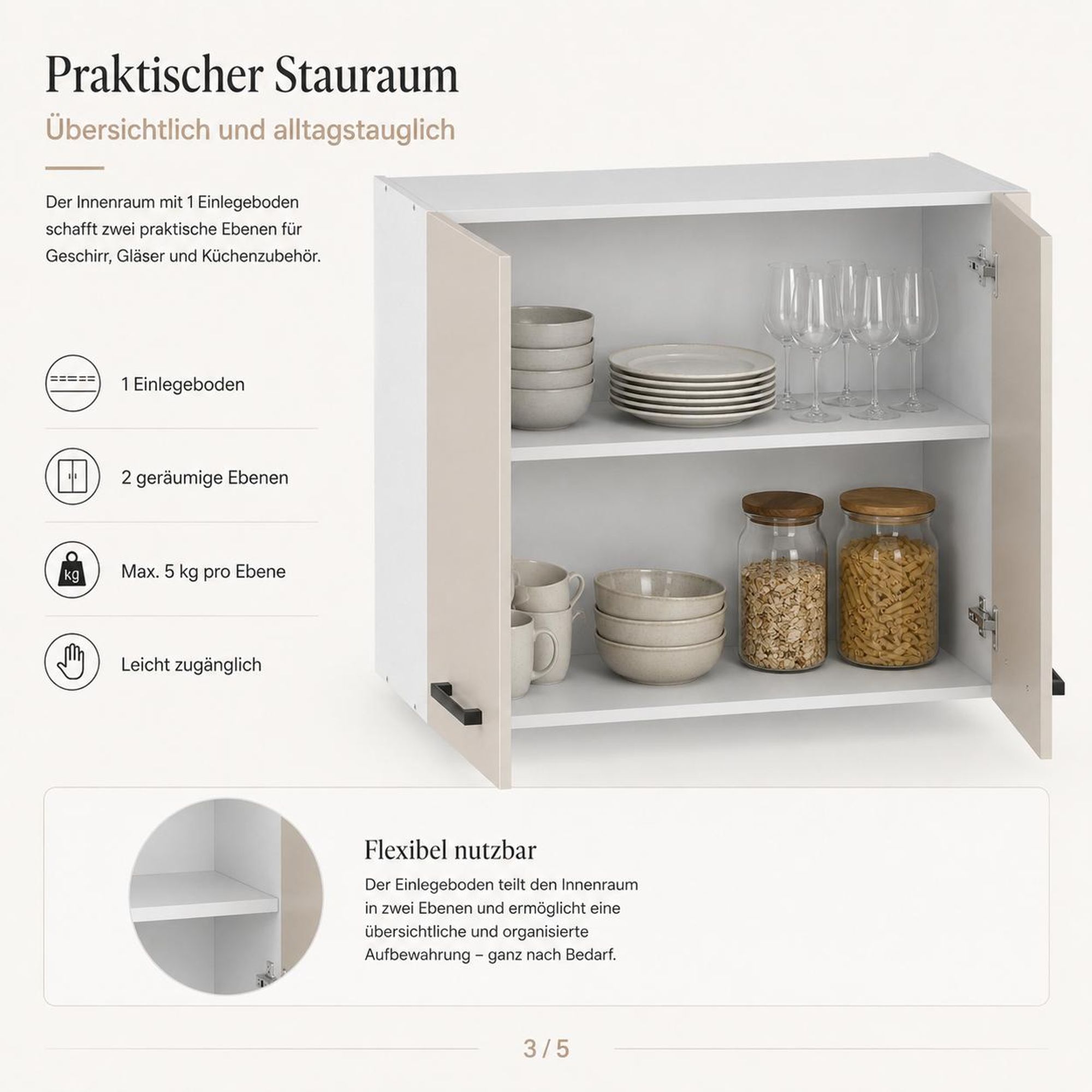 Offener Hängeschrank 80 cm Kaschmir mit Geschirr. Stauraum auf zwei Ebenen.