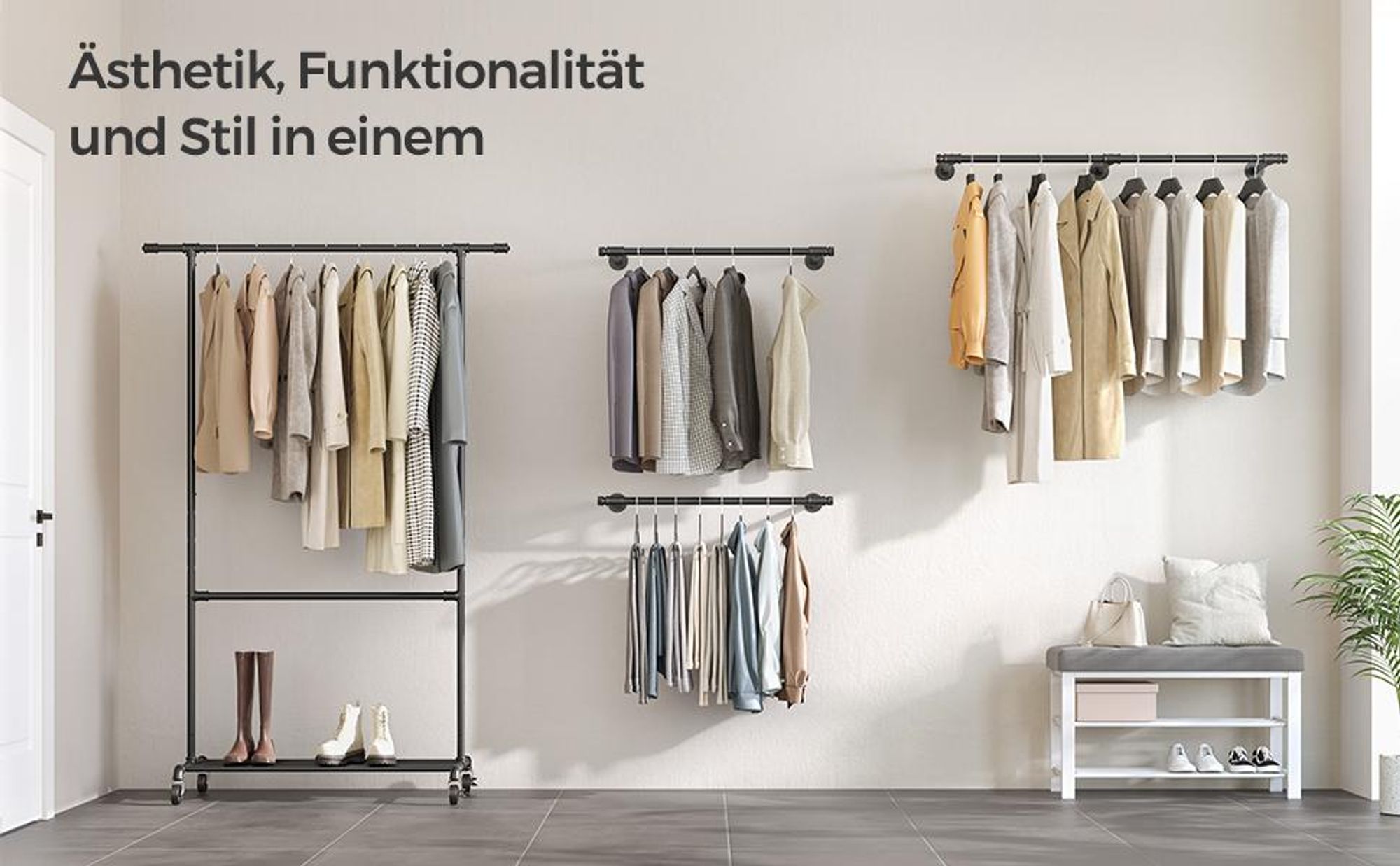 SONGMICS Kleiderstange für die Wand, platzsparend, 60 kg Belastbarkeit