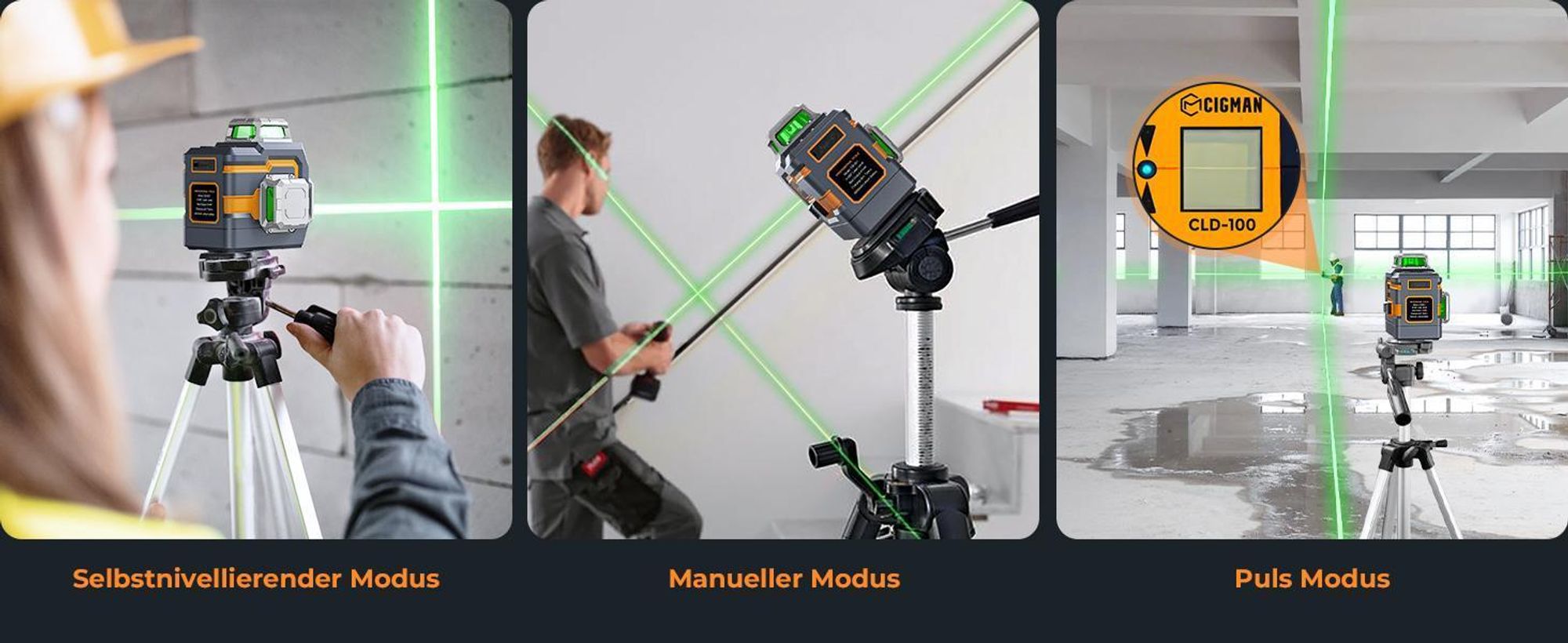 CIGMAN CM-S01 3D laserový nivelační přístroj - 3x360°, ovládání přes APP, zelený laser, IP54