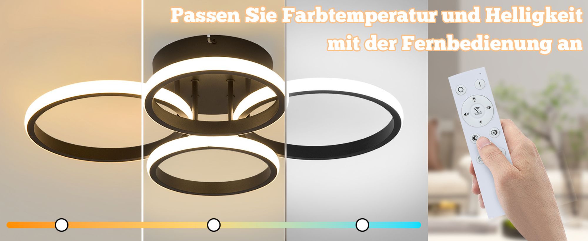 ZMH Deckenlampe LED Deckenleuchte Wohnzimmer Dimmbar Wohnzimmerlampe Modern Schwarz 48W Schlafzimmerlampe 55cm Design Deckenbeleuchtung 4-Ring Küchenlampe mit Fernbedienung für Haus Wohnung