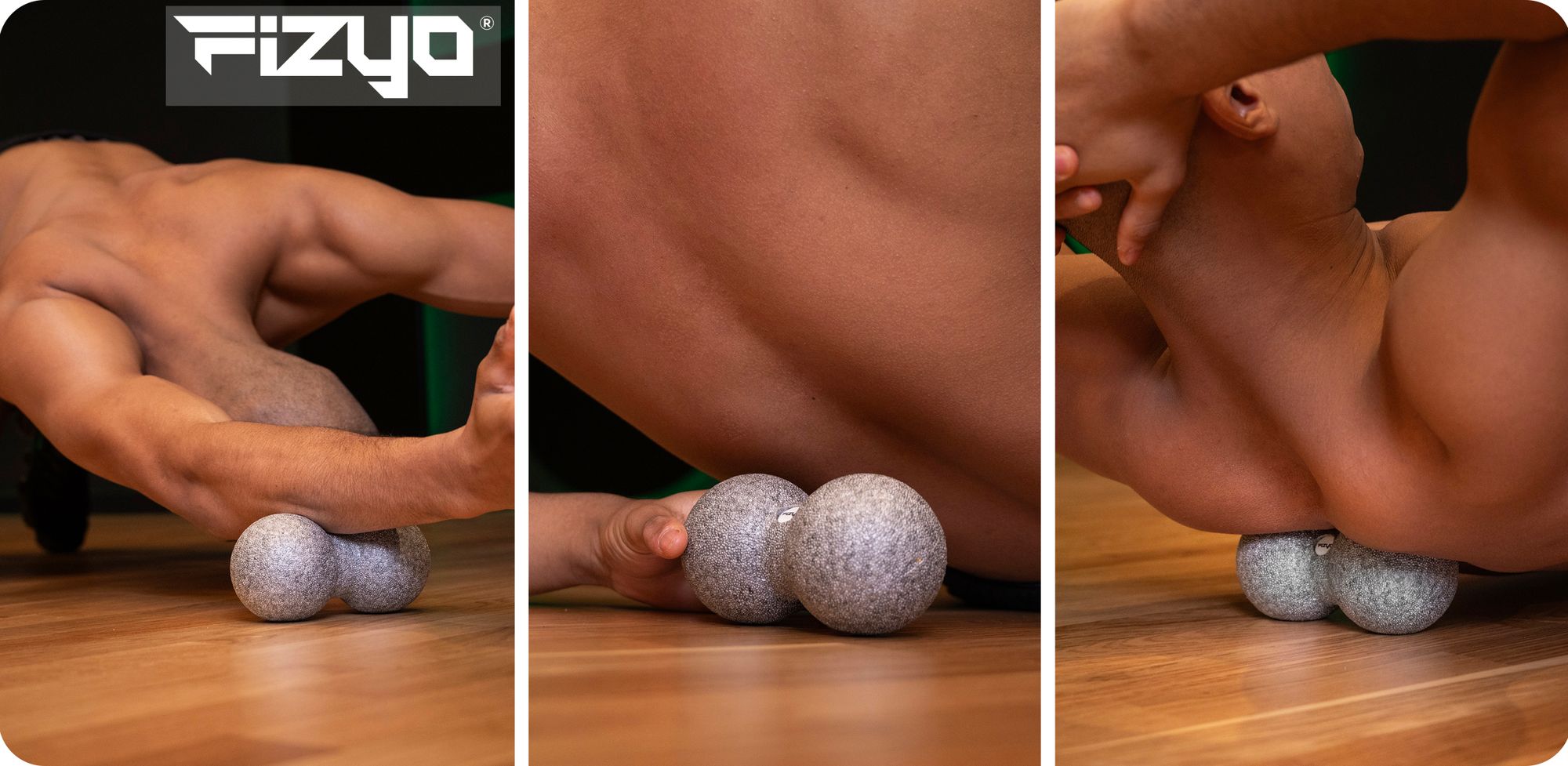Osoba ćwicząca i wykorzystująca piłkę do masażu duoball FIZYO 16x8 cm